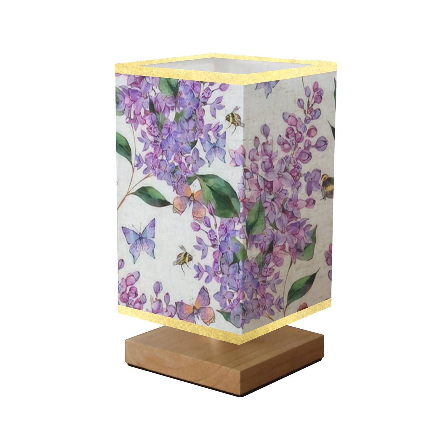 Dimmable Square Bedside Table Lamp with Wooden Base & Flaxen Fabric Shade - Floral Watercolor Lilac Design with Bees Pattern - Perfect for Bedroom, Living Room, Office & Nightstand Lighting