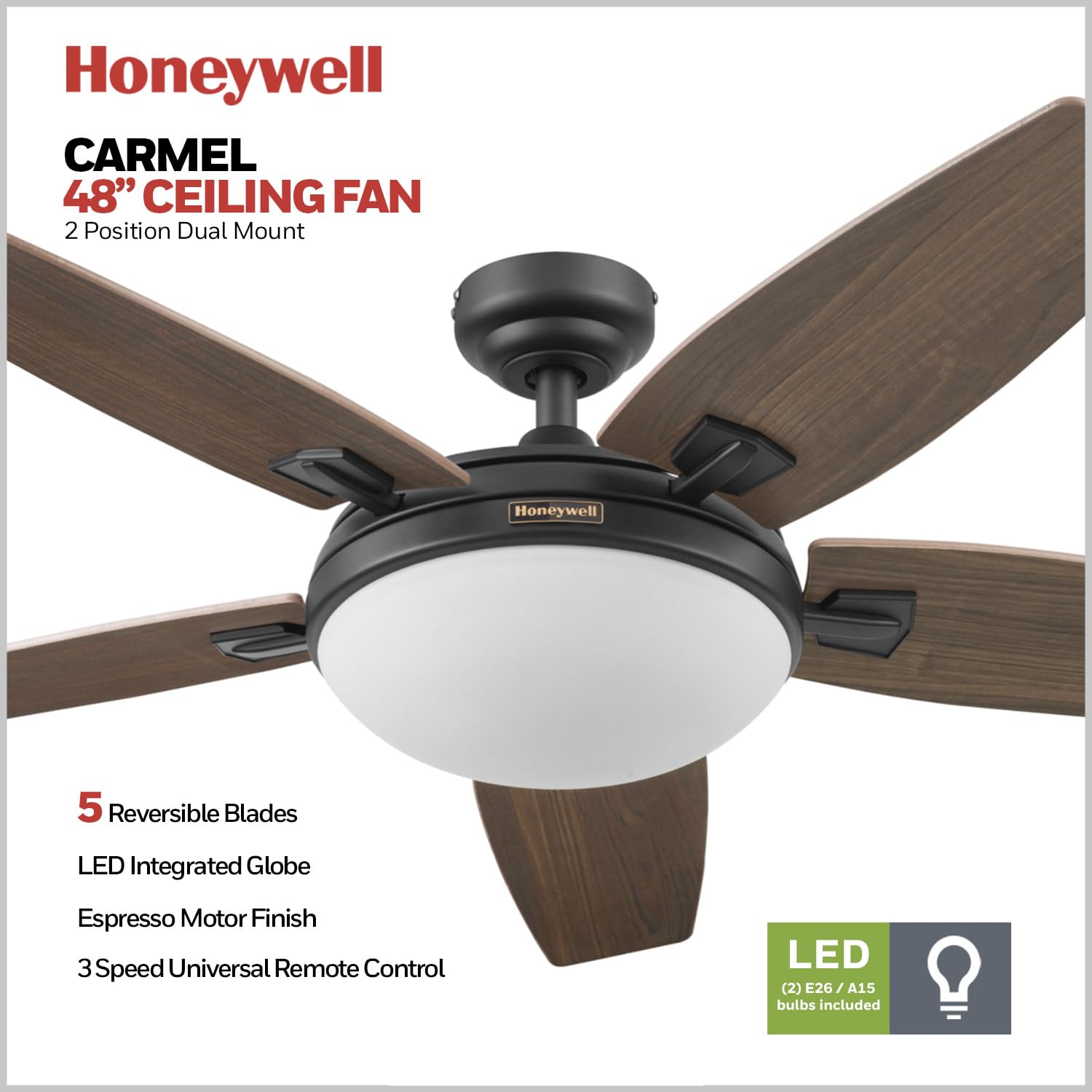 Honeywell Carmel 48 Inch Modern Ceiling Fan with LED Light and Remote Control - 5 Blades, Gray Ironwood/Brown Maple Finish - Bronze (50197-01) - Perfect for Living Room, Bedroom, and Indoor Spaces