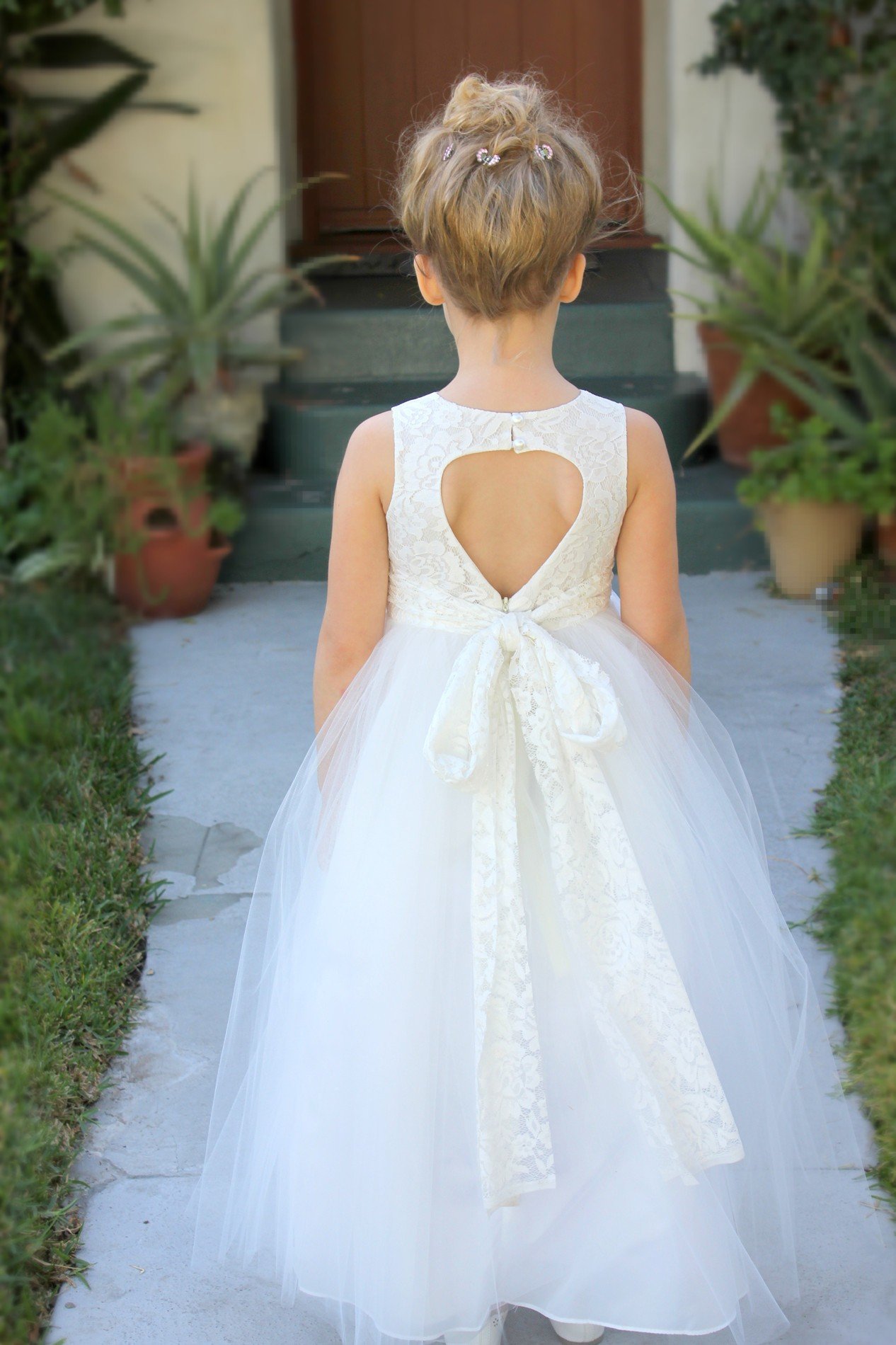Navy Blue Floral Lace Heart Cutout Flower Girl Dress - Elegant Formal Pageant Gown for Weddings, Baptisms & Special Occasions (Style 172)
