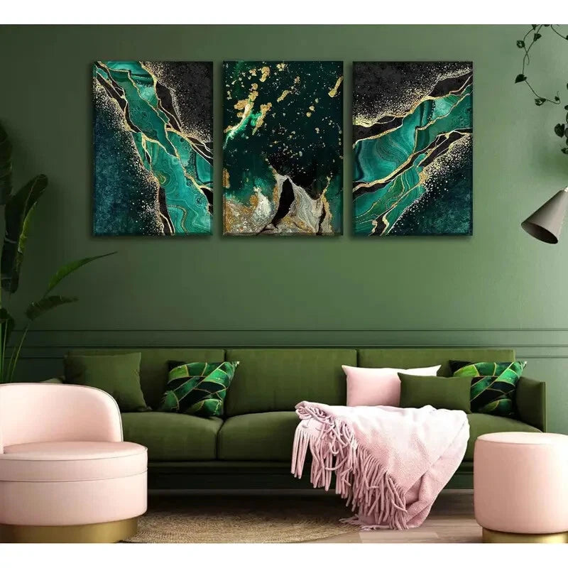 3-Piece Green and Gold Marble Texture Metal Wall Art - Ready to Hang Modern Home Decor for Living Room, Bedroom & Office