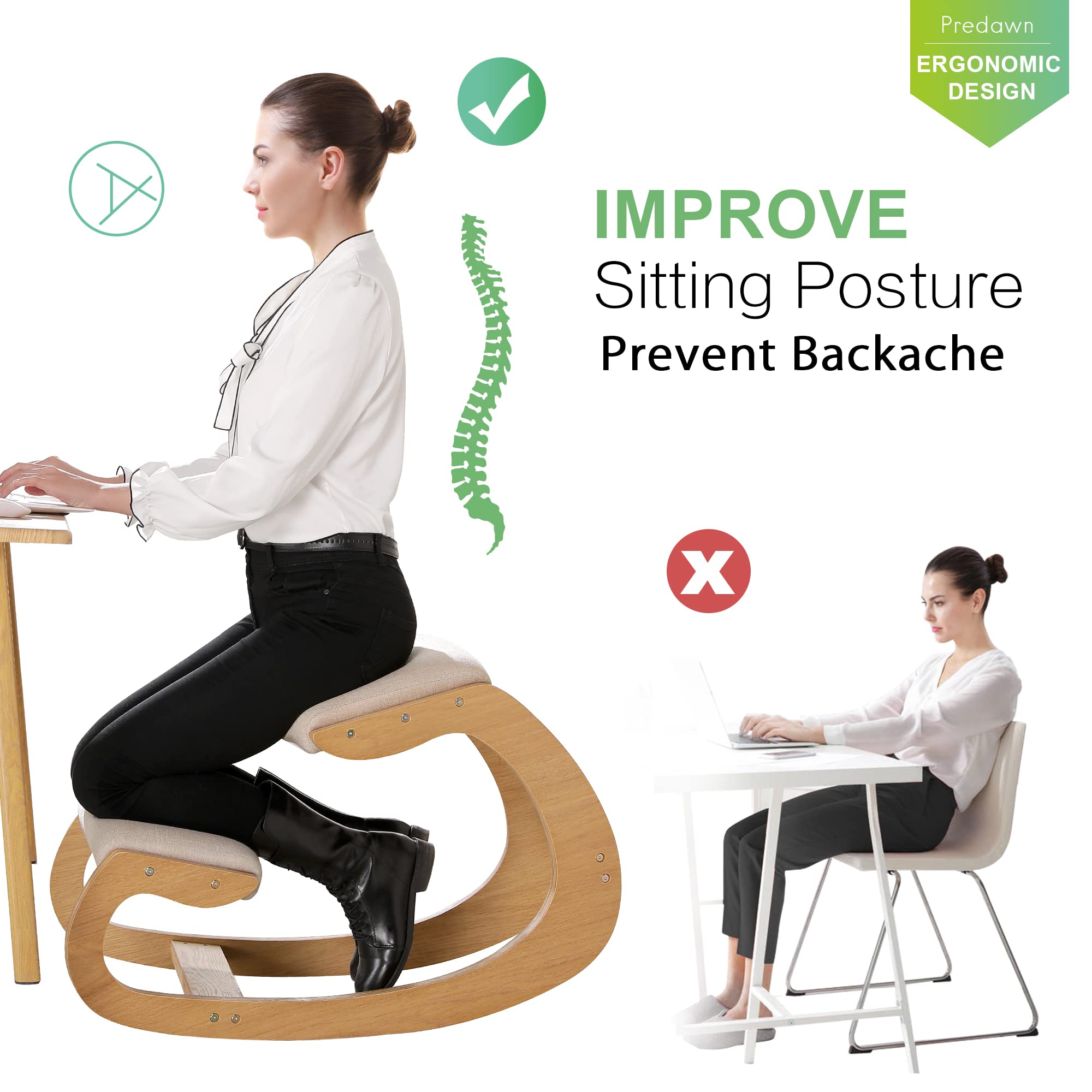Ergonomic Kneeling Chair for Home Office - Adjustable Rocking Stool with Wooden Frame & Linen Cushion - Posture Corrector for Back & Neck Pain Relief - Meditation Chair (White Oak) - Perfect for Work, Study & Yoga Sessions