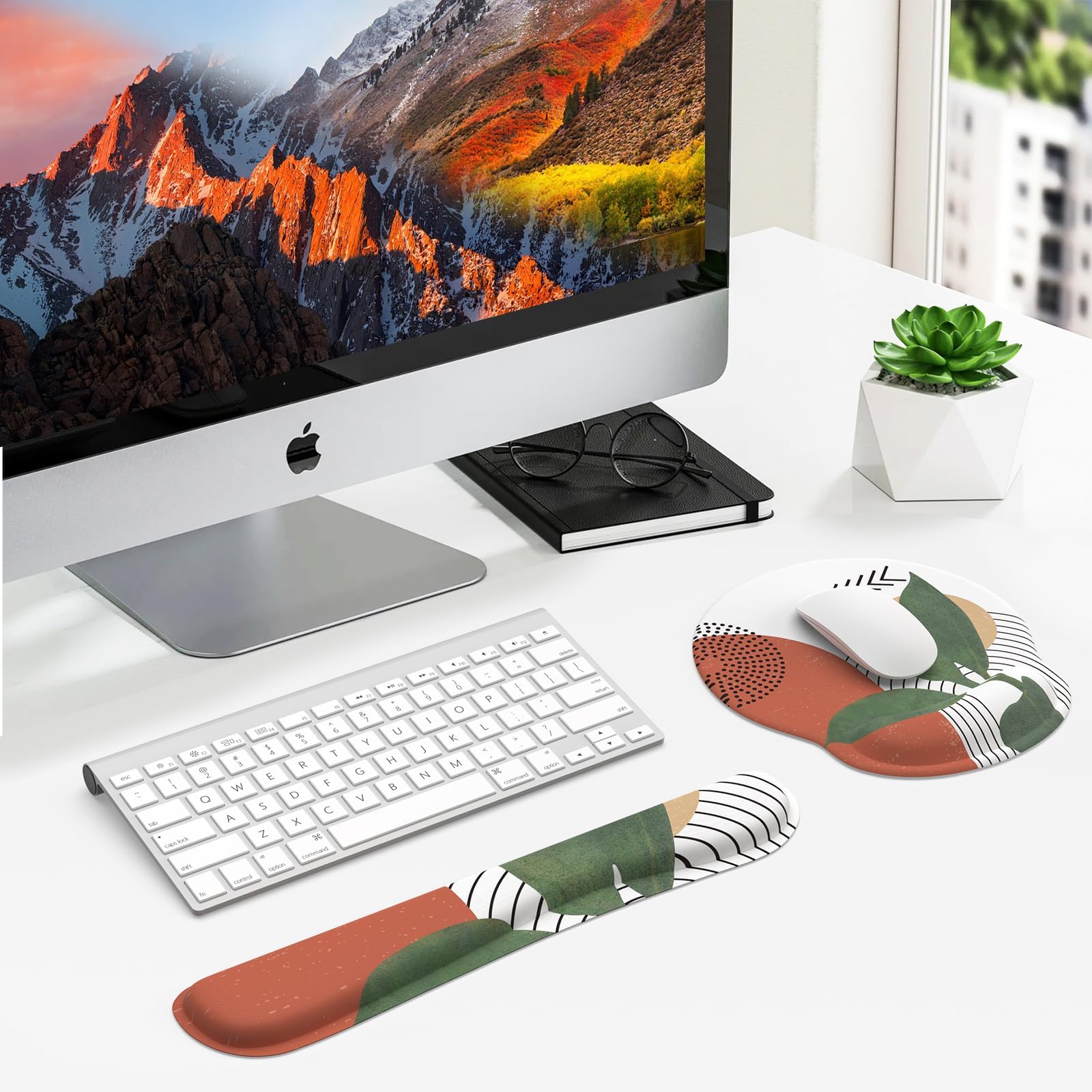 iLeadon Ergonomic Mouse Pad with Wrist Rest - Non-Slip Computer Mouse Pad for Home & Office - Comfortable Wrist Support for Pain Relief & Easy Typing - Modern Abstract Plant Design - Perfect for Gaming, Work & Long Computer Sessions