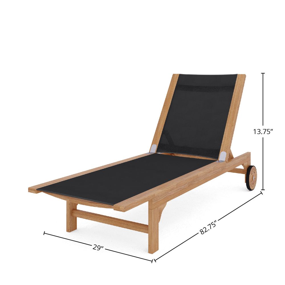 Premium Black Elie Teak Outdoor Reclining Sun Lounger with Rear Wheels - Durable Patio Poolside Chaise Lounge for Backyard, Beach & Garden Relaxation