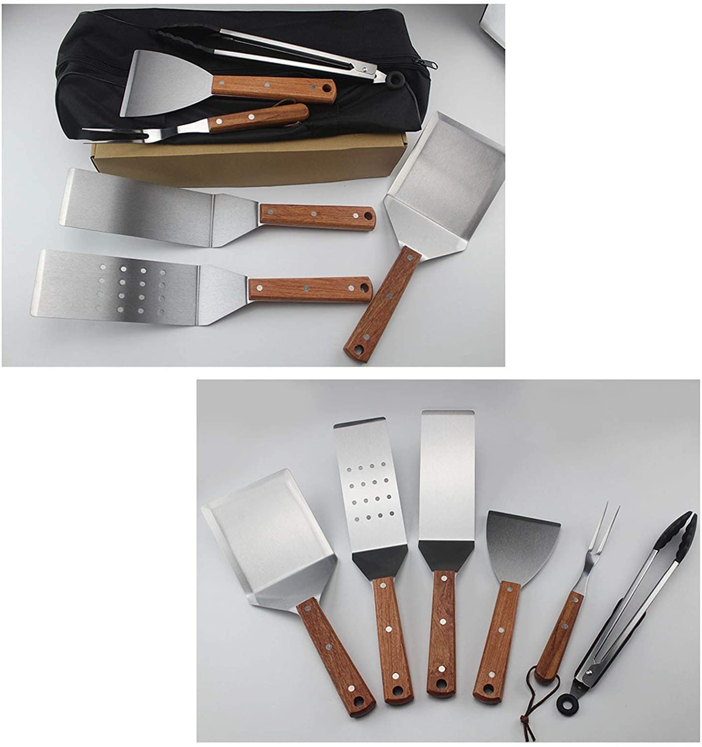 7-Piece BBQ Grill Tools Set - Stainless Steel Flat Top Grill Accessories for Camping, Outdoor Cooking & Chef Use - Includes Metal Burger Spatulas, Scraper & Carry Bag - Perfect for Backyard BBQs, Tailgating & Picnics
