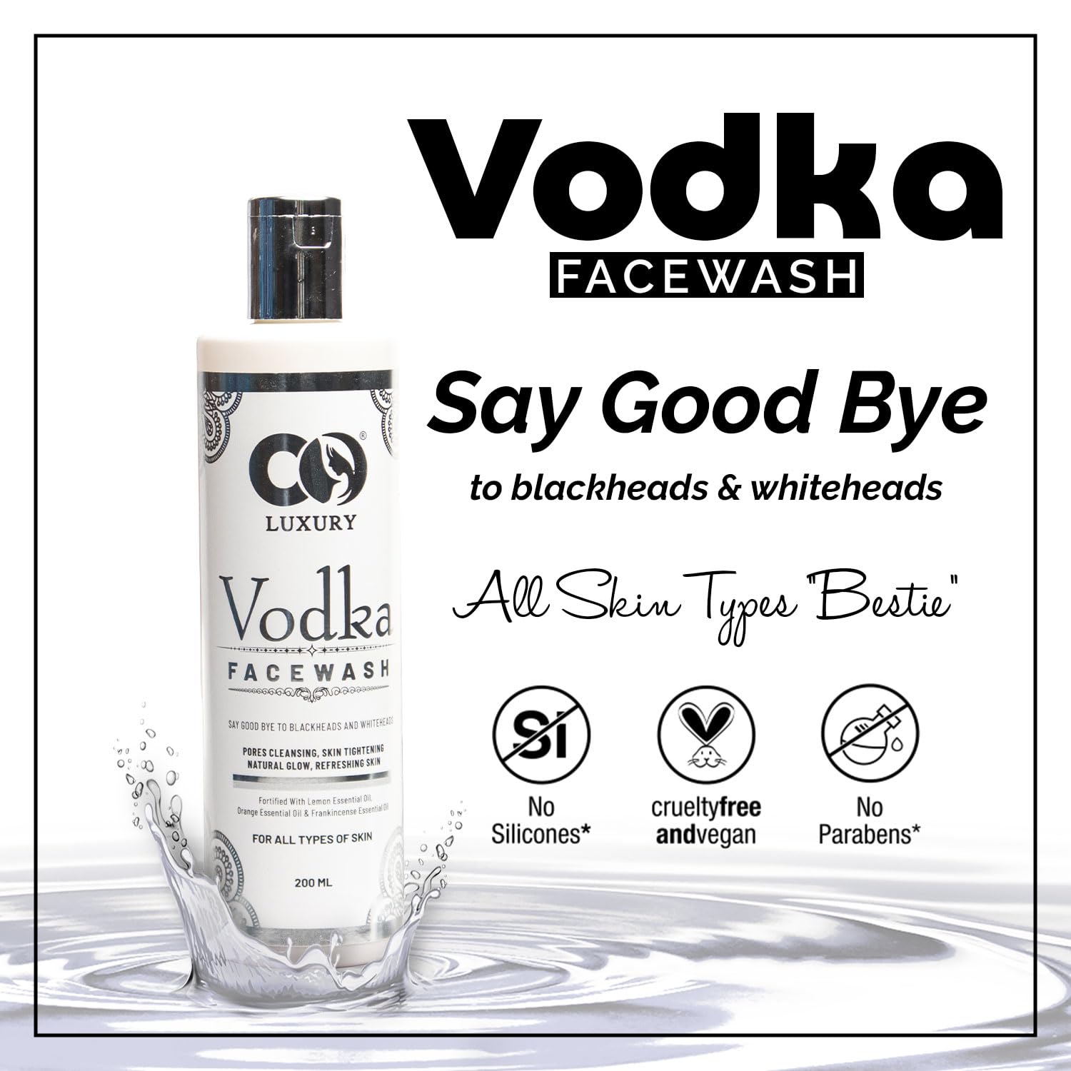 CO LUXURY Vodka Face Wash with Denatured Vodka & 3 Essential Oils | 40% Stronger & More Effective | SLS & Paraben Free | Refreshing Facial Cleanser for Men & Women | 200ml | Deep Cleansing for Oily & Acne-Prone Skin | Perfect for Daily Skincare Routine