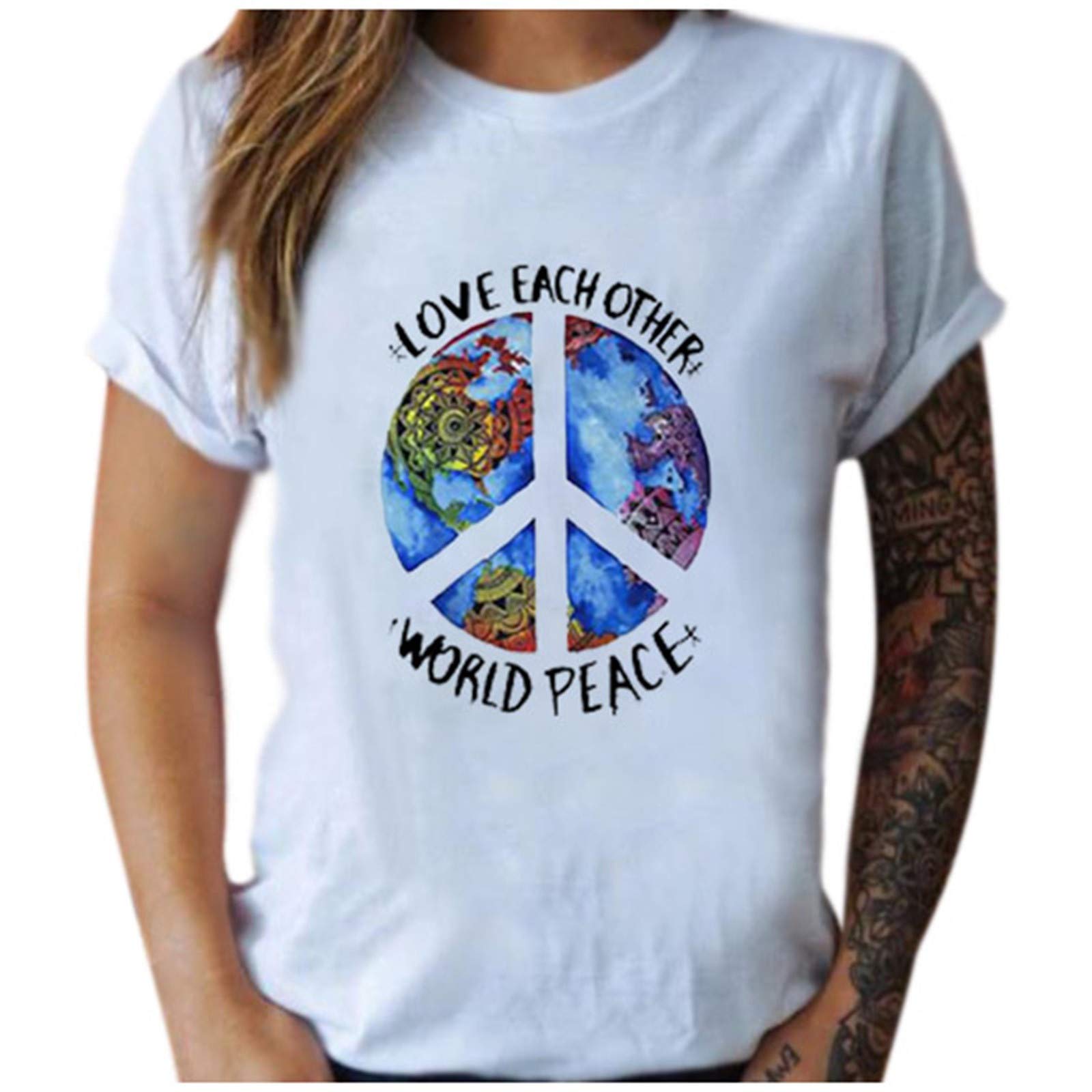 Women's Vintage Earth Print Round Neck Short Sleeve Casual T-Shirts & Blouses - Retro Unisex Top for Everyday Wear (White, XL) | Perfect for Casual Outings, Weekend Errands & Boho Style