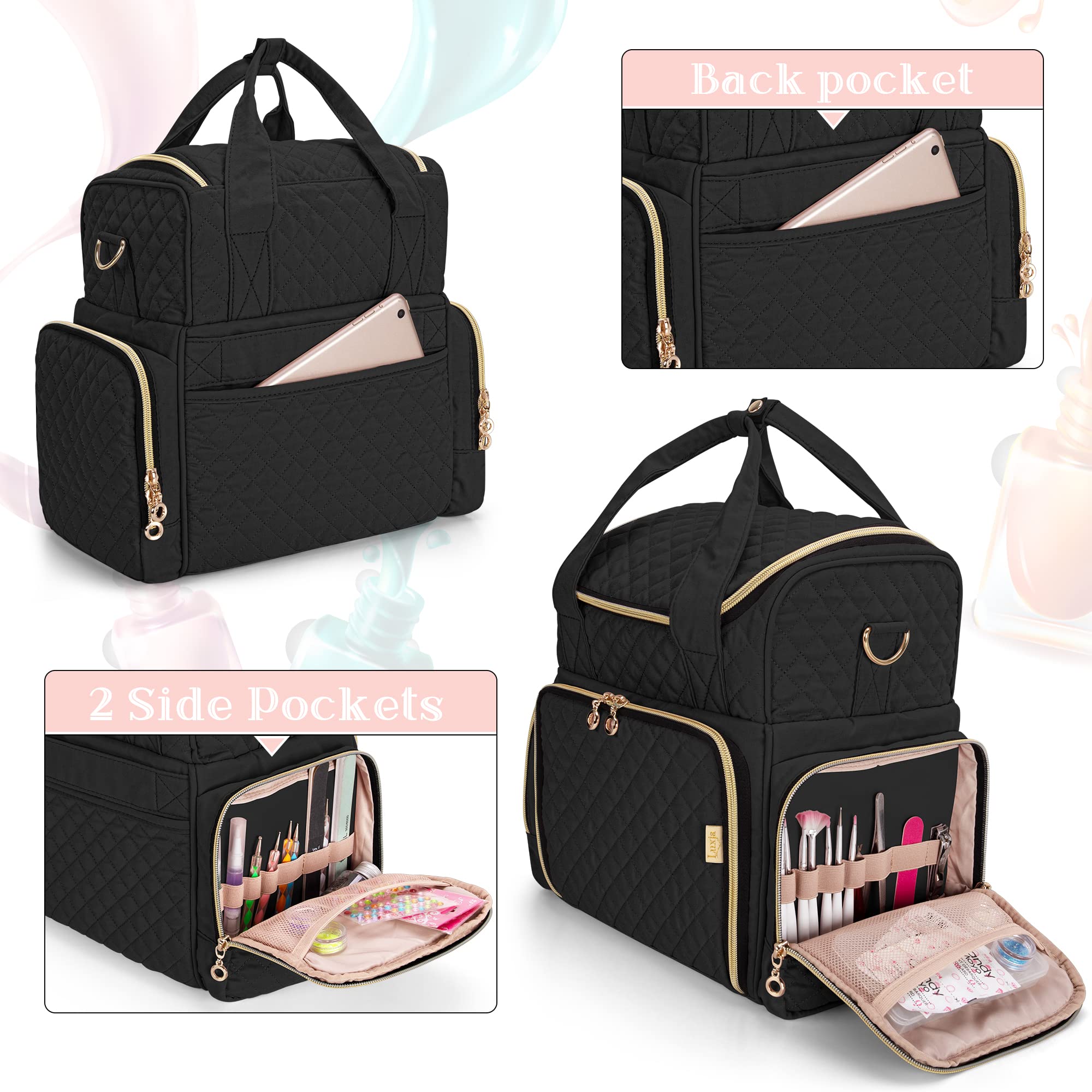 LUXJA 48 Bottle Nail Polish Organizer with Nail Lamp - Portable Nail Art Storage Case with 2 Removable Bags & Tool Pockets (Black) - Perfect for Salon Professionals & At-Home Manicures