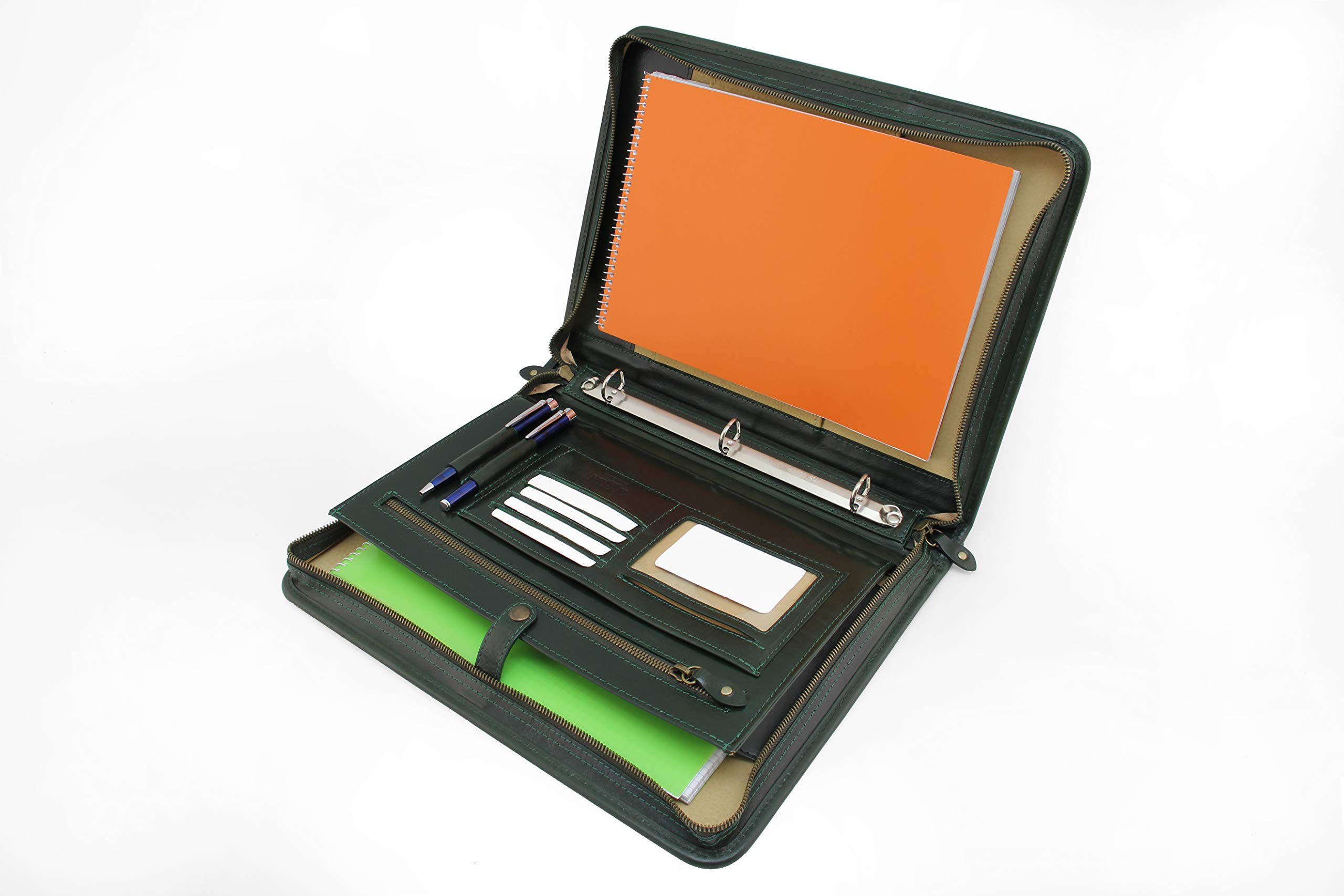 Professional Leather Portfolio 3-Ring Binder - Notebook & Legal Pad Organizer with Zipper Closure | A4 Size Business Padfolio for Men & Women (Green) | Perfect for Office Meetings, Presentations & Executive Gifting