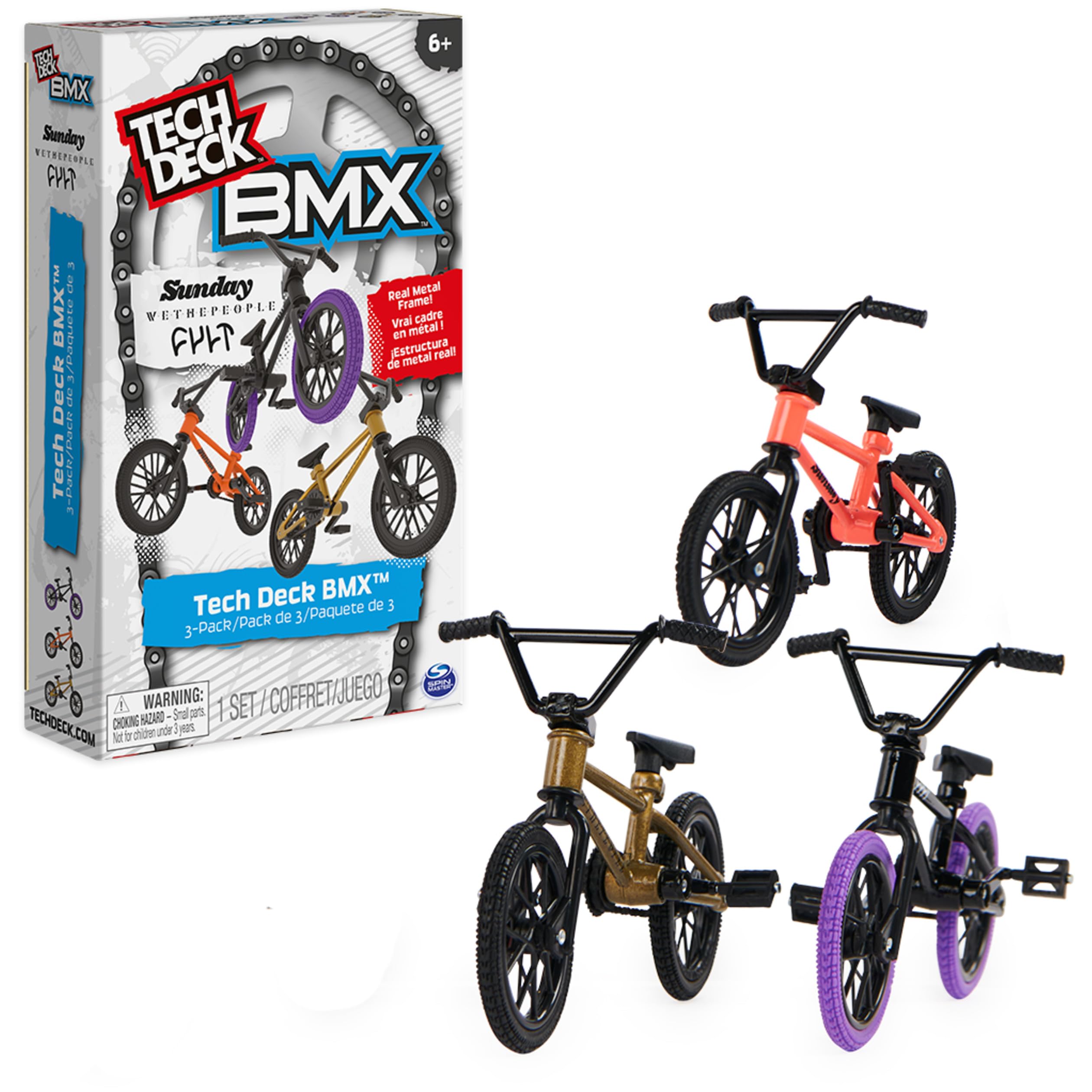 Tech Deck BMX Finger Bike 3-Pack - Collectible & Customizable Mini BMX Bicycle Toys for Kids & Adults Ages 6+ - Perfect for Stunt Shows, Desk Racing & Collector Displays (Amazon Exclusive)