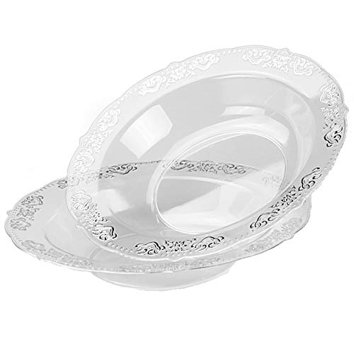 120-Piece Vintage Style Disposable Plastic Plates & Bowls Set - 10 oz Clear & Silver Soup Bowls for Wedding, Party & Special Occasions | Elegant Tableware for Catering, Picnics & Home Entertaining