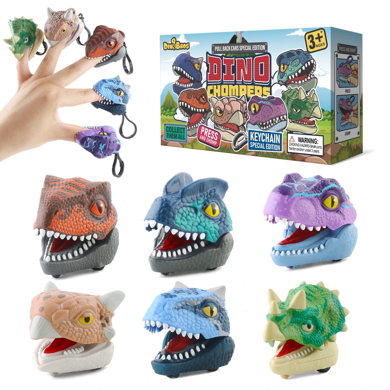 DINOBROS 6 Pack Dinosaur Pull Back Car Toys - Finger Biting Dino Chomper, Snap On Backpack Keychain Grabber Gadgets for Kids Ages 3-7 - Fun Jurassic Dinosaur Toys for Birthday Gifts, Party Favors & Classroom Rewards