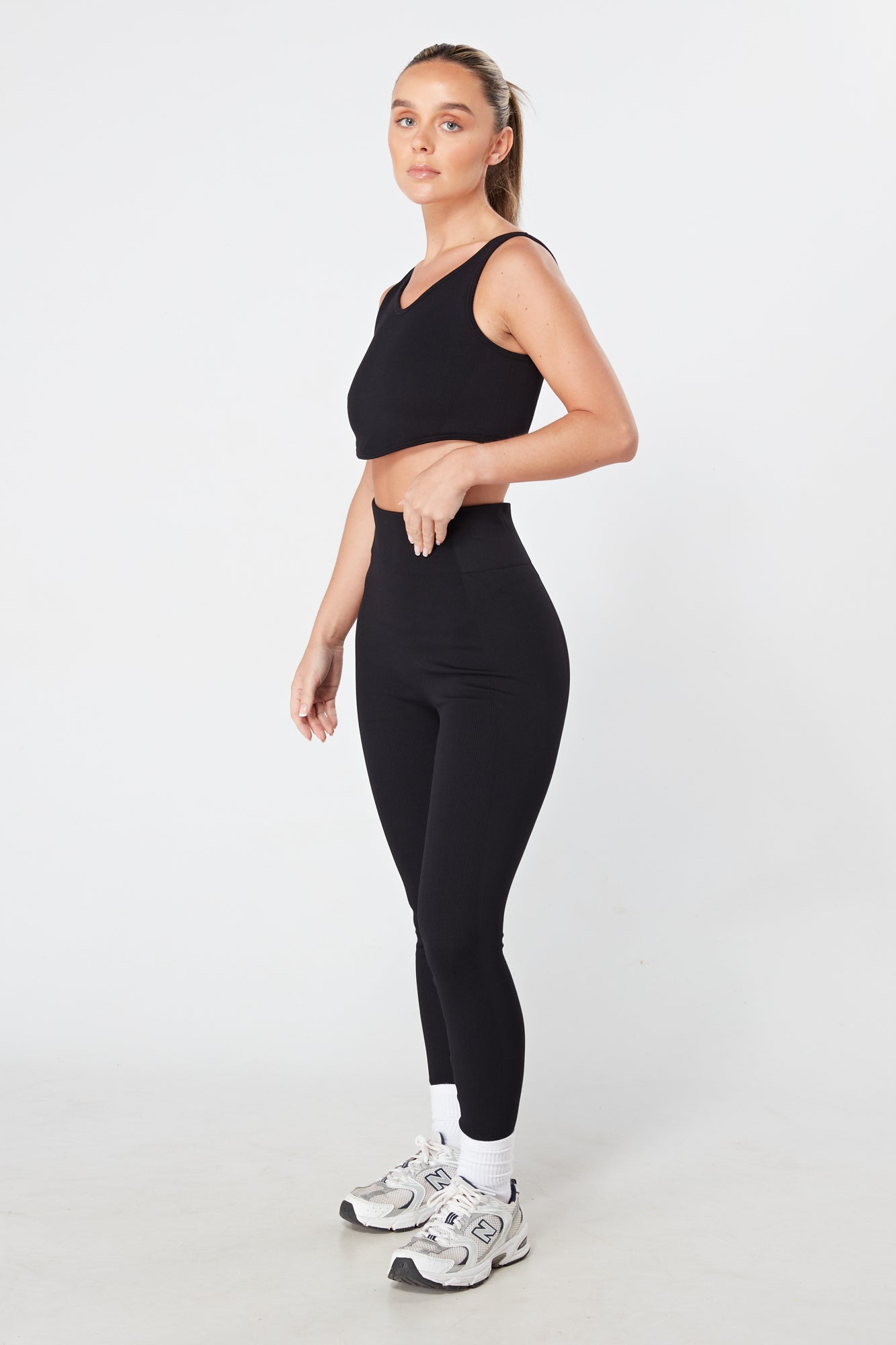 High Waisted Twill Active Ribbed Leggings for Women - Black - Yoga, Running, Gym & Everyday Wear