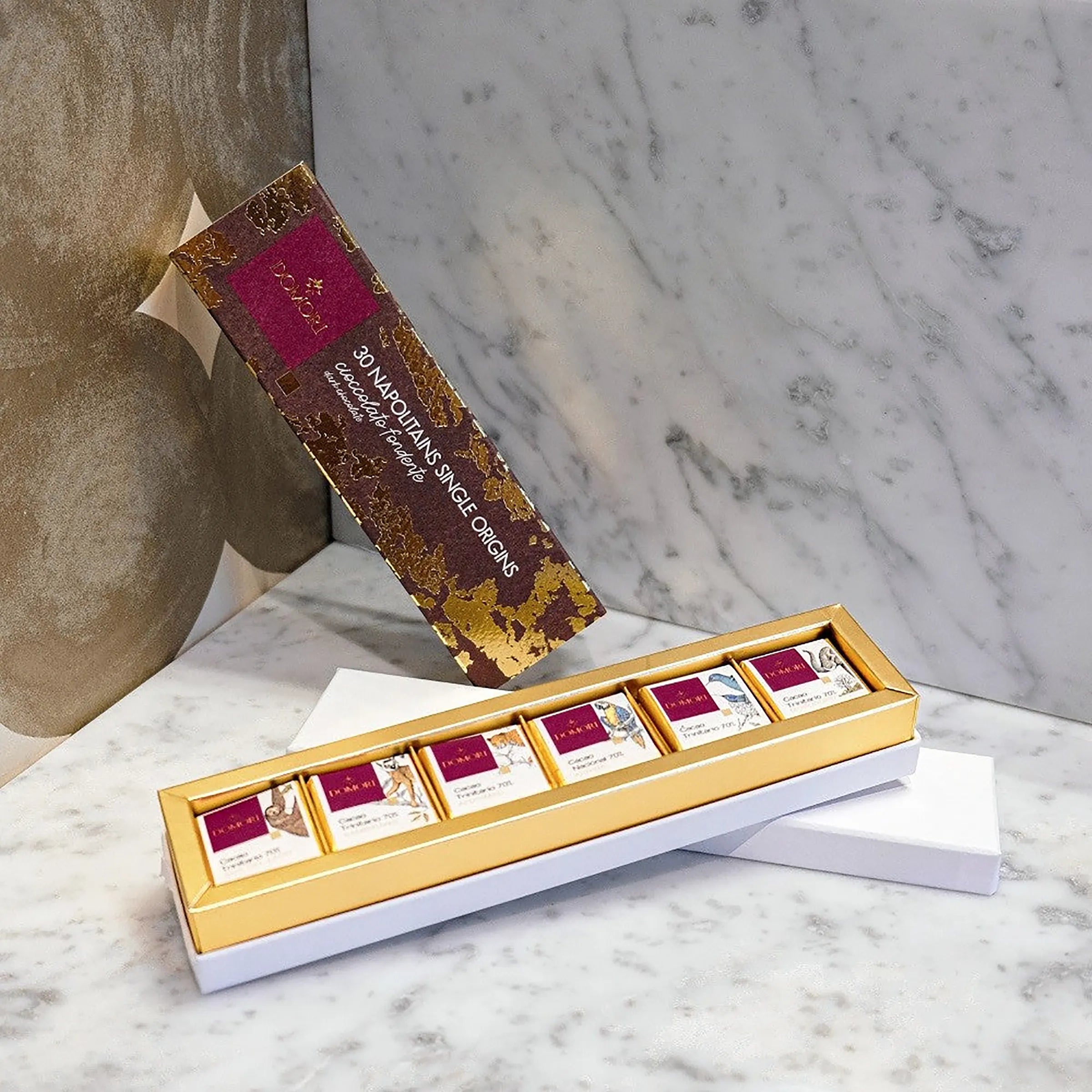 Domori Premium 70% Dark Chocolate Gift Box - 30 Single Origin Napolitains for Gifting, Parties & Dessert Pairing