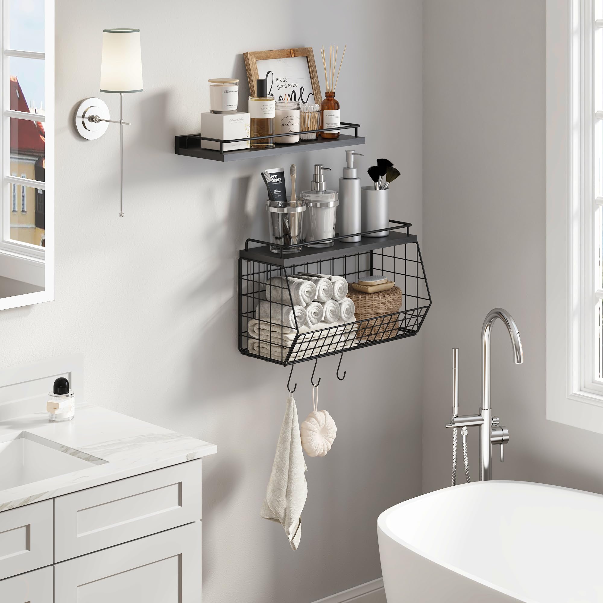 Over Toilet Wall Mounted Floating Shelves with Wire Basket & Hooks - Metal Bathroom Shelf Organizer for Storage in Bathroom, Bedroom, Kitchen, Living Room - Perfect for Small Space Organization & Home Decor