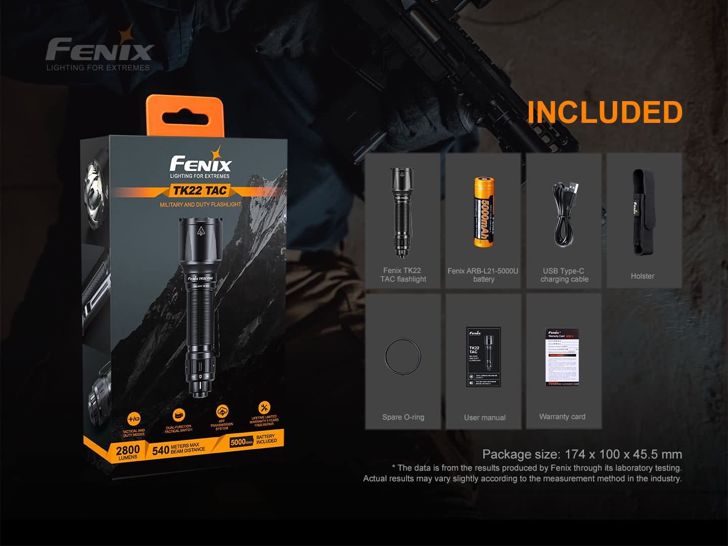 Fenix TK22TAC 2800 Lumen Tactical Flashlight with USB Rechargeable Battery - ARB-L21-5000U & BBX5 Carrying Case Bundle | Perfect for Outdoor Adventures, Camping, Hunting, and Emergency Preparedness