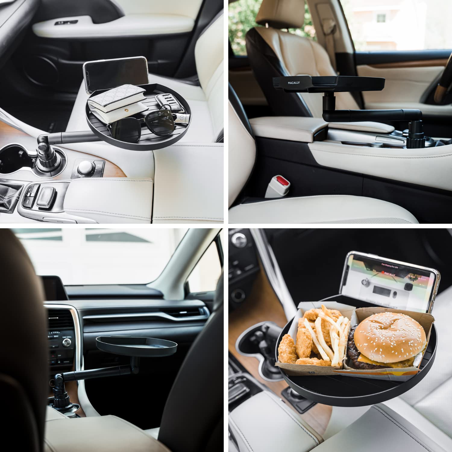 Macally Adjustable Car Cup Holder Tray with Swivel Arm - Car Organizer with Phone Slot & Food Tray - Perfect for Eating, Working & Road Trips - Fits Most Vehicles