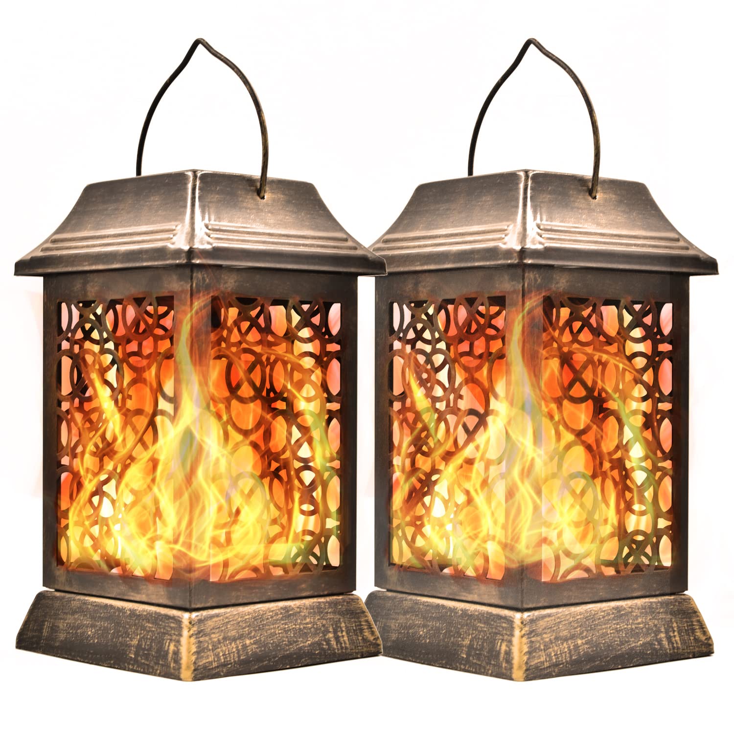 Dolucky Solar Lights - 2 Pack Bronze Metal Flickering Flame Solar Lanterns for Outdoor Hanging | Waterproof & Heavy Duty Solar Powered Lighting for Patio, Garden, Yard Decor | Perfect for Evening Ambiance, Backyard Parties & Pathway Illumination