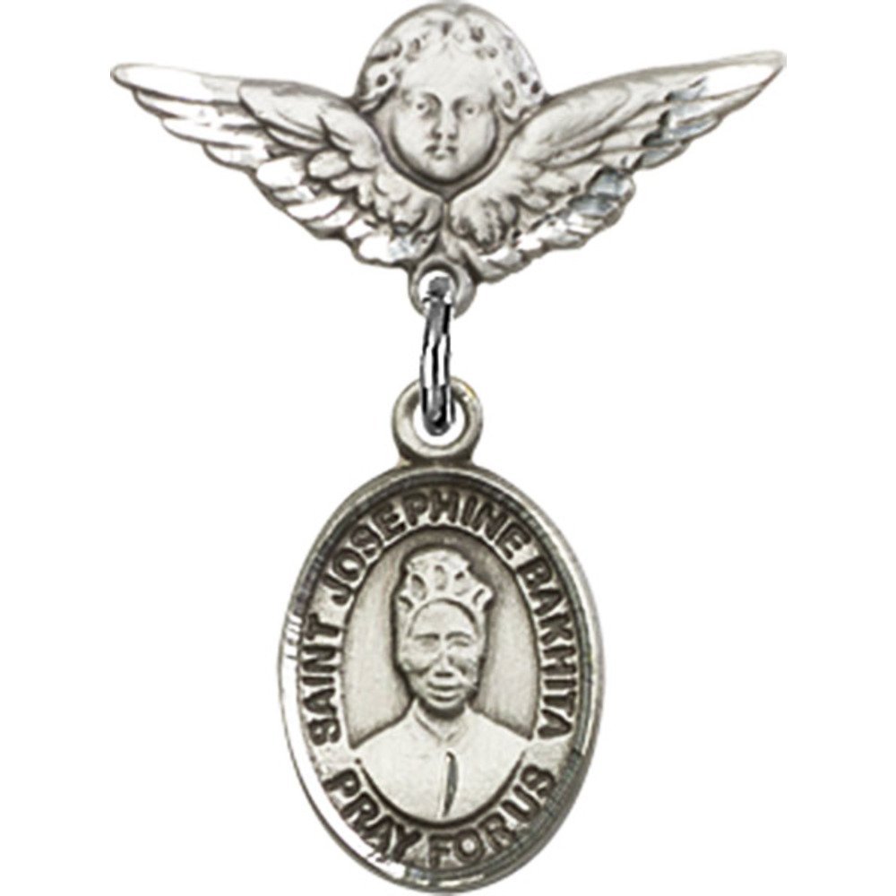 Sterling Silver Baby Badge with St. Josephine Bakhita Charm & Angel Wing Pin - 7/8
