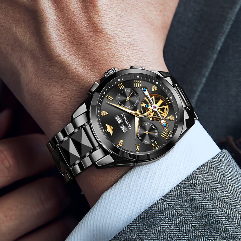 Premium OU PINKE Men's Automatic Skeleton Tourbillon Watch - Self-Winding Luxury Dress Watch with Sapphire Crystal Glass for Business & Formal Occasions | Perfect Gift for Professionals & Watch Collectors