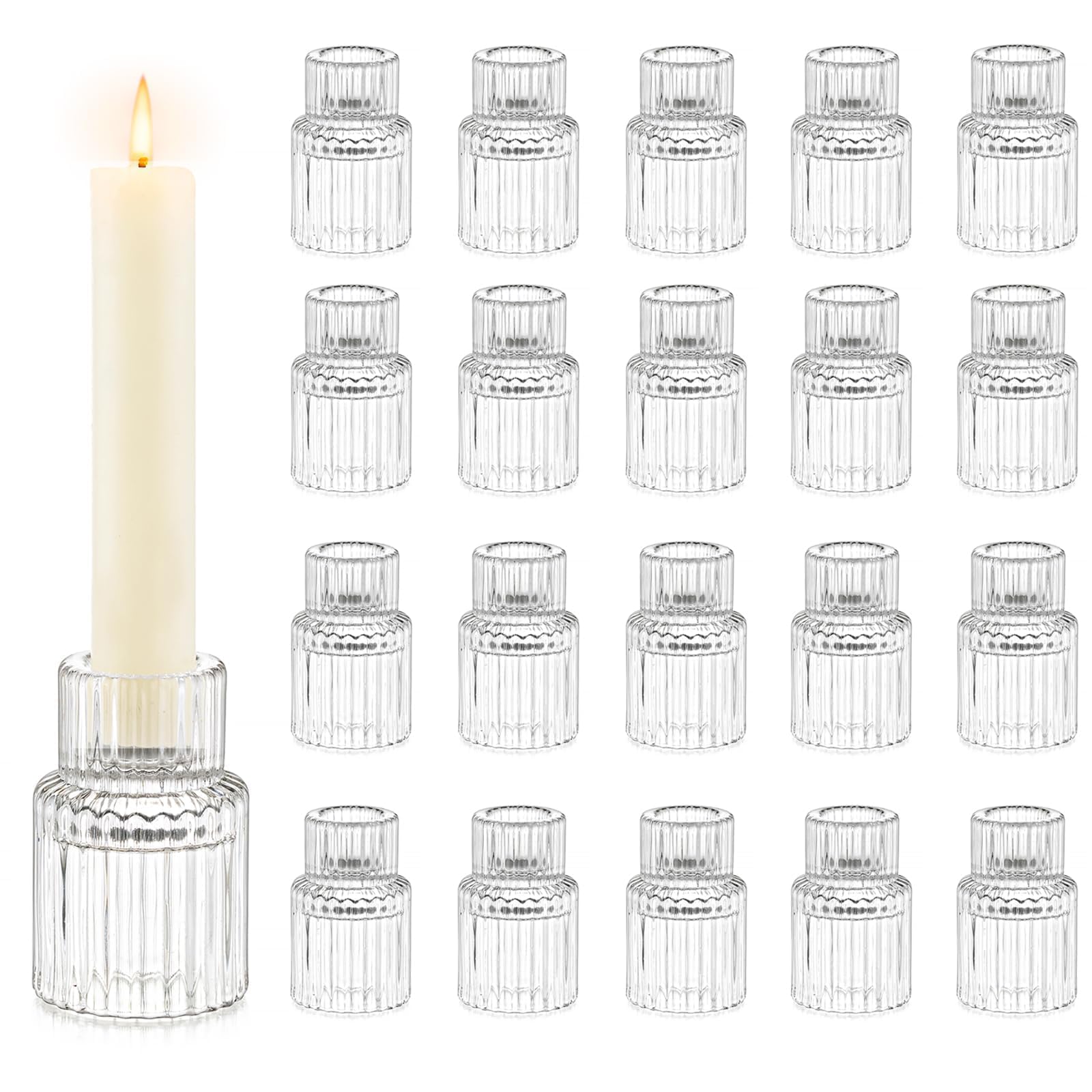 Hewory 20PCS Clear Glass Taper Candle Holders Bulk Set - Elegant Candlestick Holders for Table Centerpiece Decor, Perfect for Christmas, Wedding, Party & Bridal Showers - Create Romantic Ambiance for Dining & Home Decor