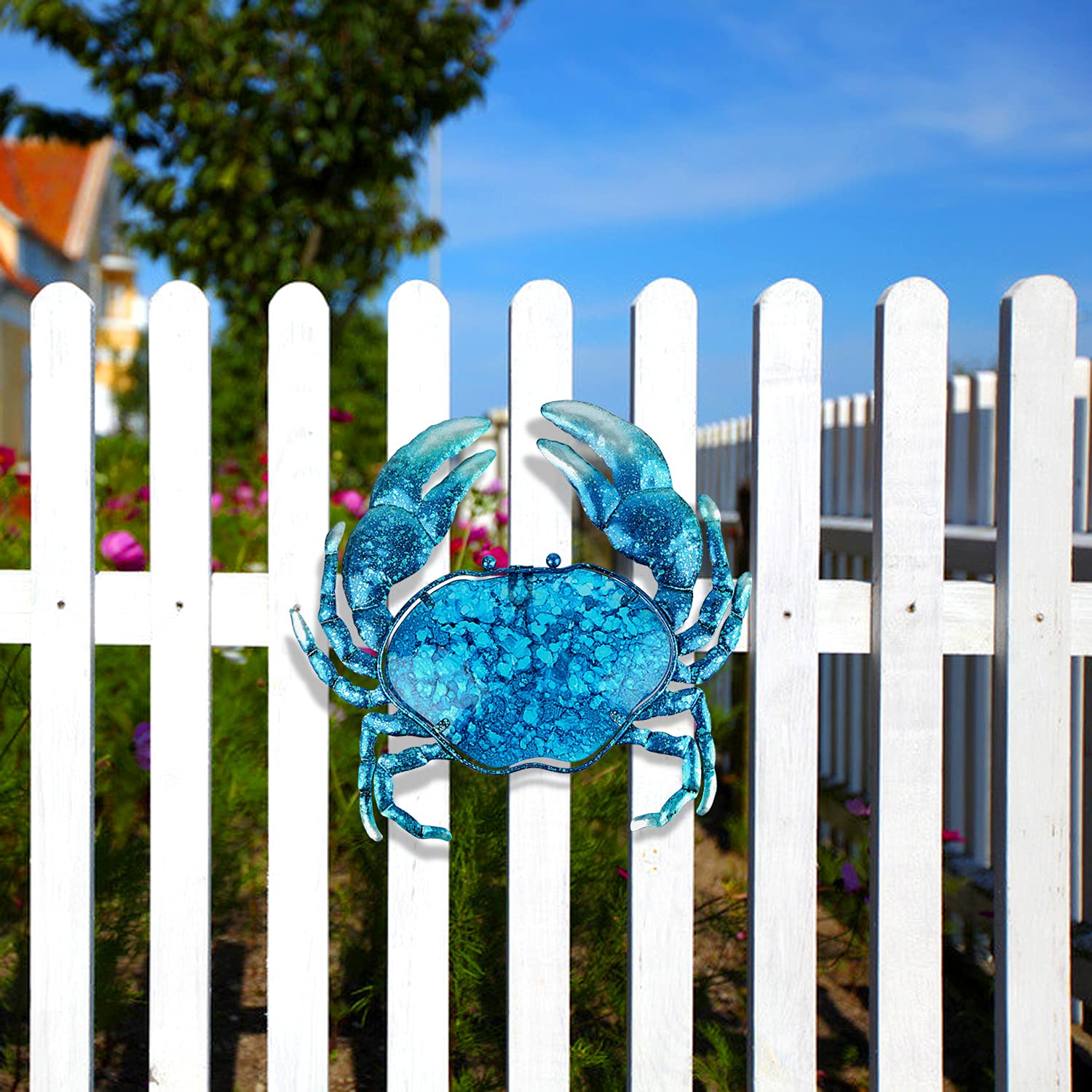 John's Studio Blue Ocean Theme Crab Wall Decor - Metal Hanging Art Glass for Bathroom, Pool, Patio & Home | Coastal Beach Decorations for Outdoor & Indoor Use