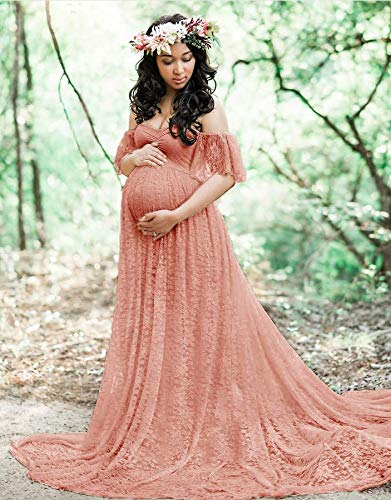 Sicily Women's Lace Off-Shoulder Long Maternity Dress for Pregnancy Photoshoot, Baby Shower & Special Occasions