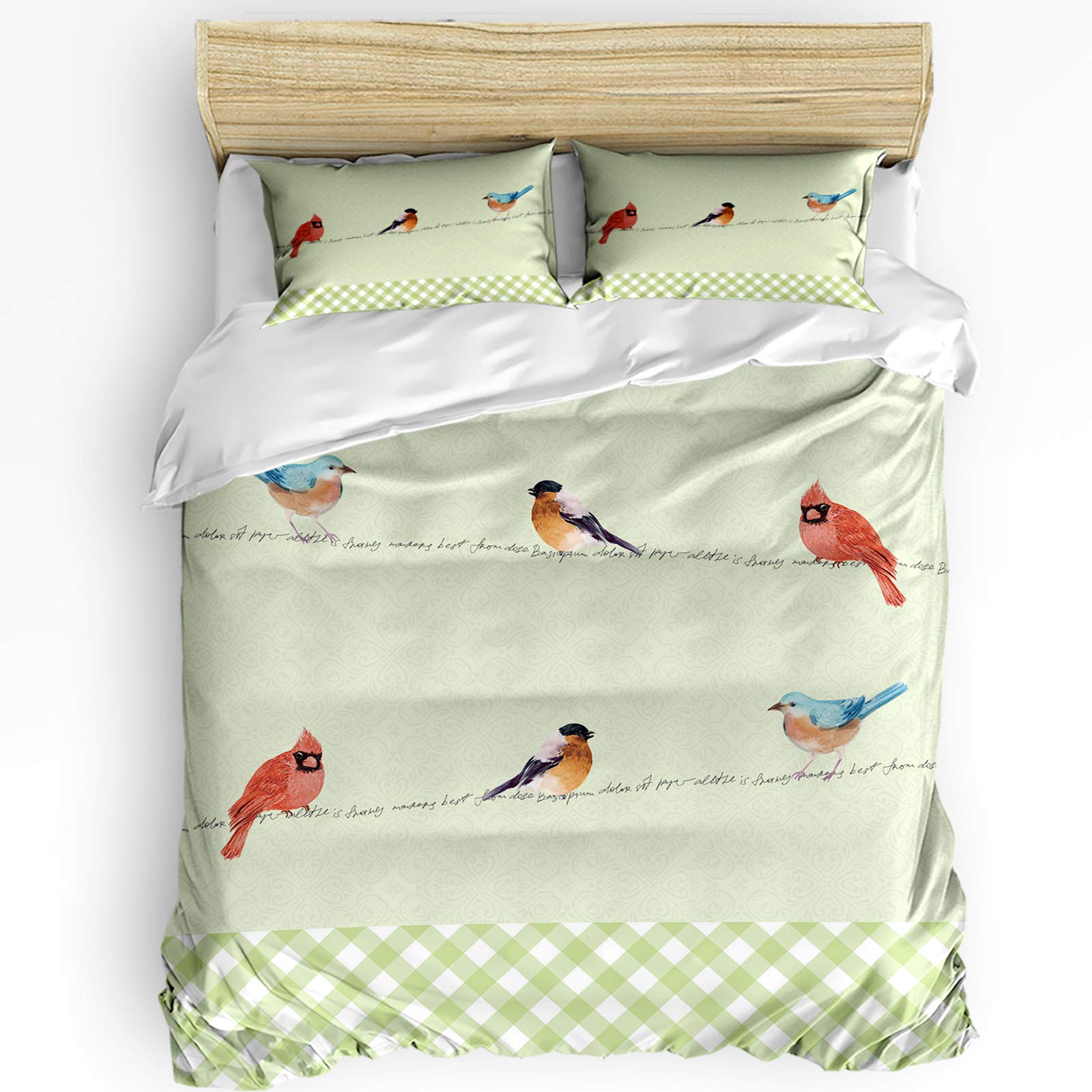 3-Piece Queen Duvet Cover Set - Winter Cardinal Bird Design with 2 Pillowcases, Buffalo Plaid Check in Green - Cozy Bedding for Kids, Teens & Adults - Perfect for Guest Rooms, Dormitories & Seasonal Home Decor