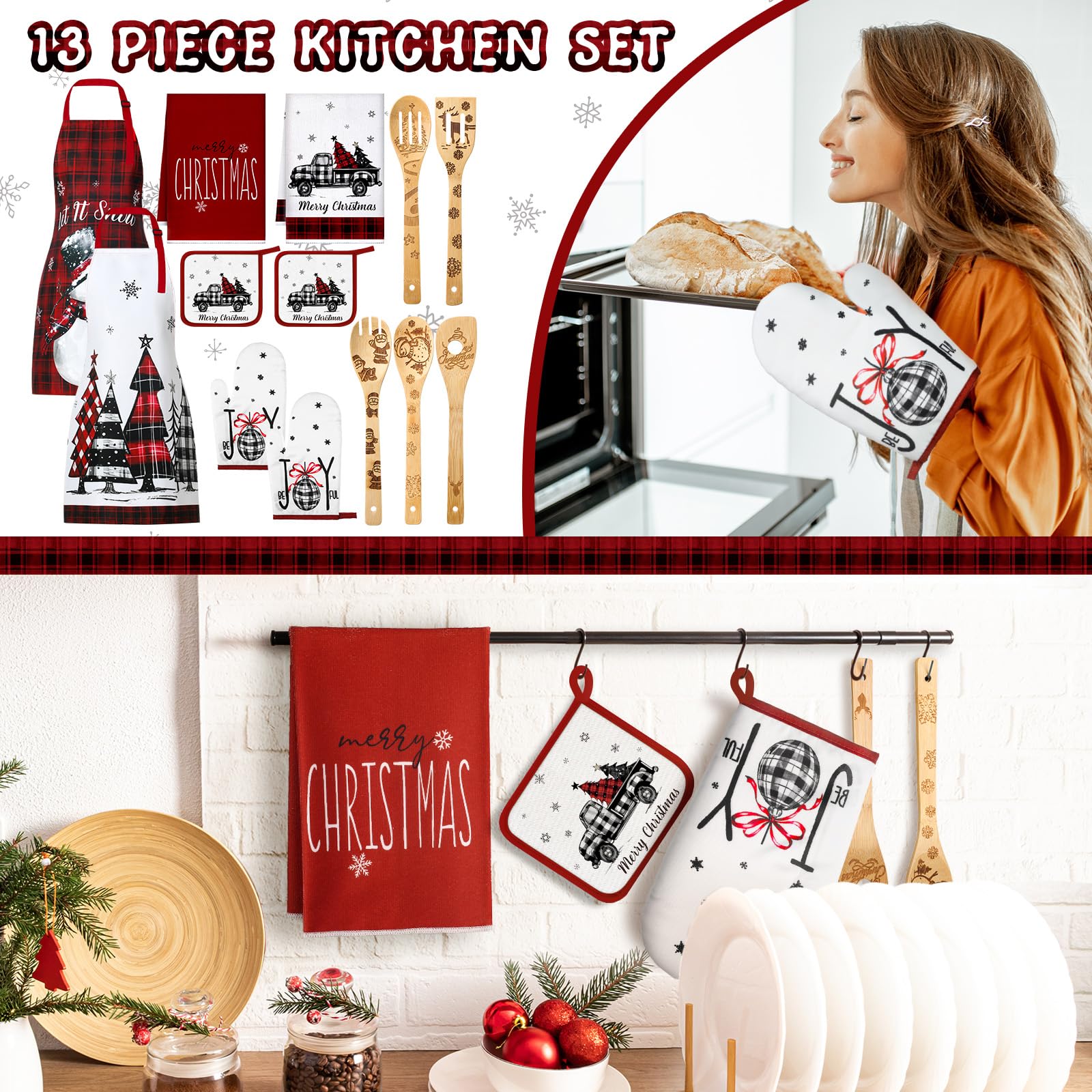 Bencailor 13-Piece Farmhouse Kitchen Towel Set with Oven Mitts, Pot Holders, Aprons & Wooden Spoons - Red White Tree Design for Rustic Cooking, Baking & Home Decor