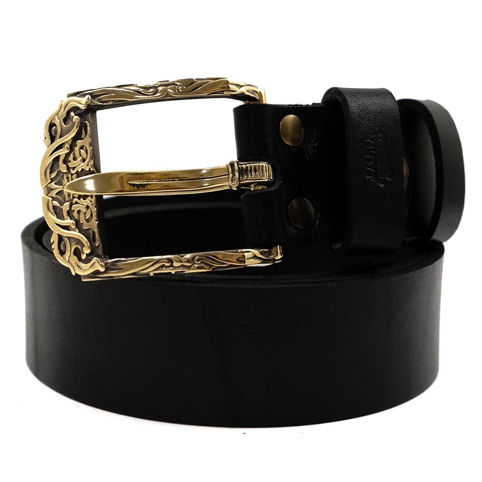 Premium Leather Belt with Solid Brass Odin's Wolves Buckle - Geri and Freki Norse Wolf Design for 1.5 Inch Belts | Viking Style Accessory for Men, Costume & Medieval Reenactment