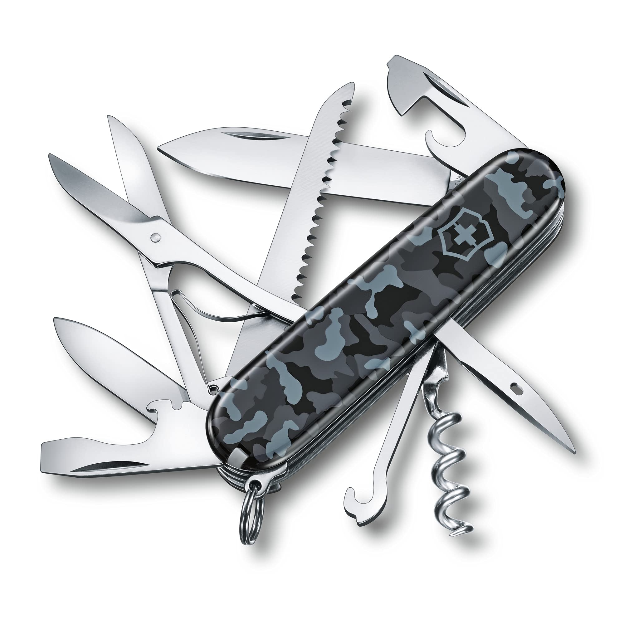 Victorinox Huntsman Swiss Army Pocket Knife - Lightweight Multitool with 15 Functions, Large Blade, Corkscrew, Can Opener - Navy Camouflage - Perfect for Camping, Hiking & Everyday Carry (EDC)