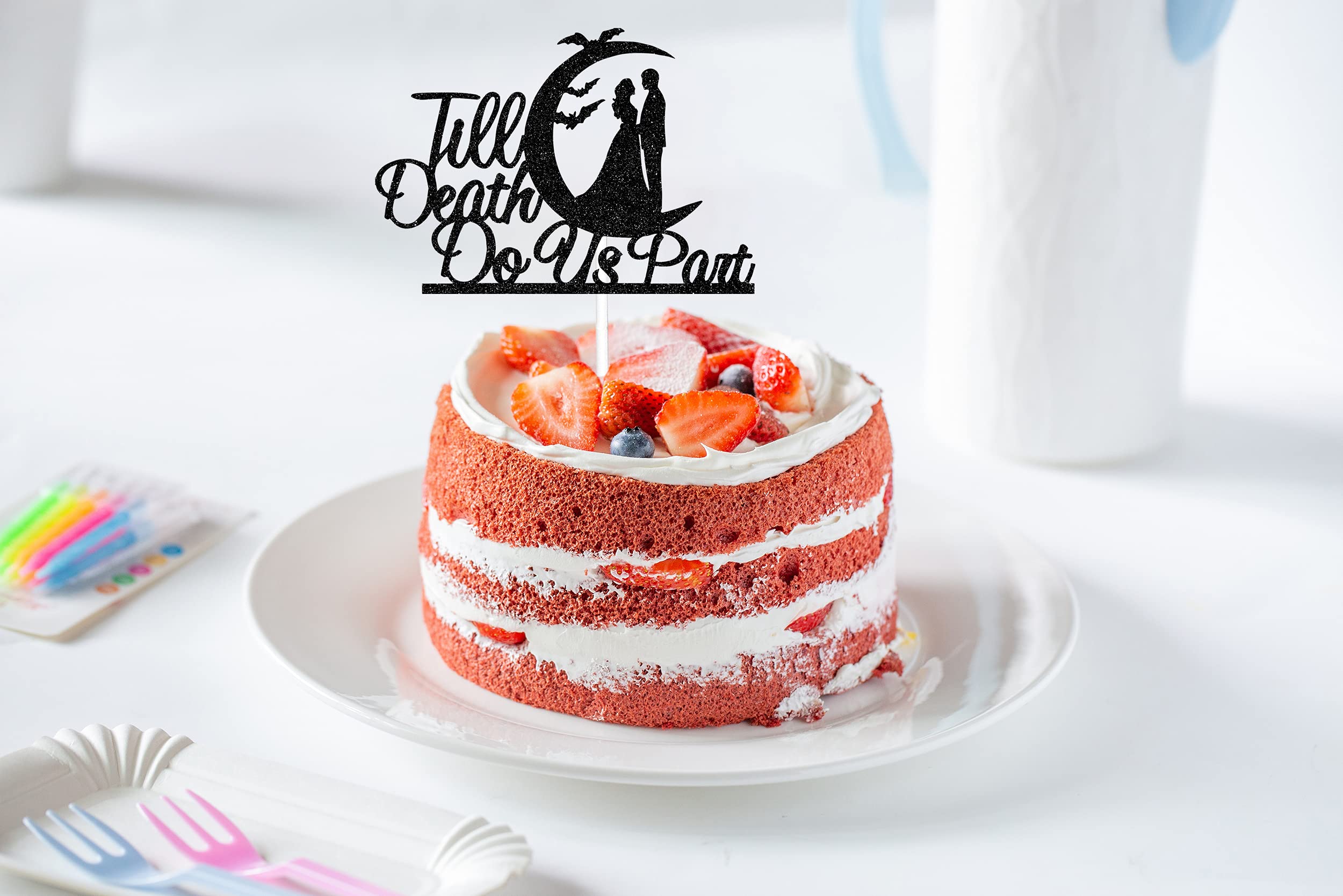 Halloween 'Till Death Do Us Part' Cake Topper - Spooky Wedding & Bachelorette Party Decoration - Funny Black Cake Decor for Halloween Bridal Showers & Gothic Weddings - Perfect for Halloween Themed Celebrations & Dark Romance Events
