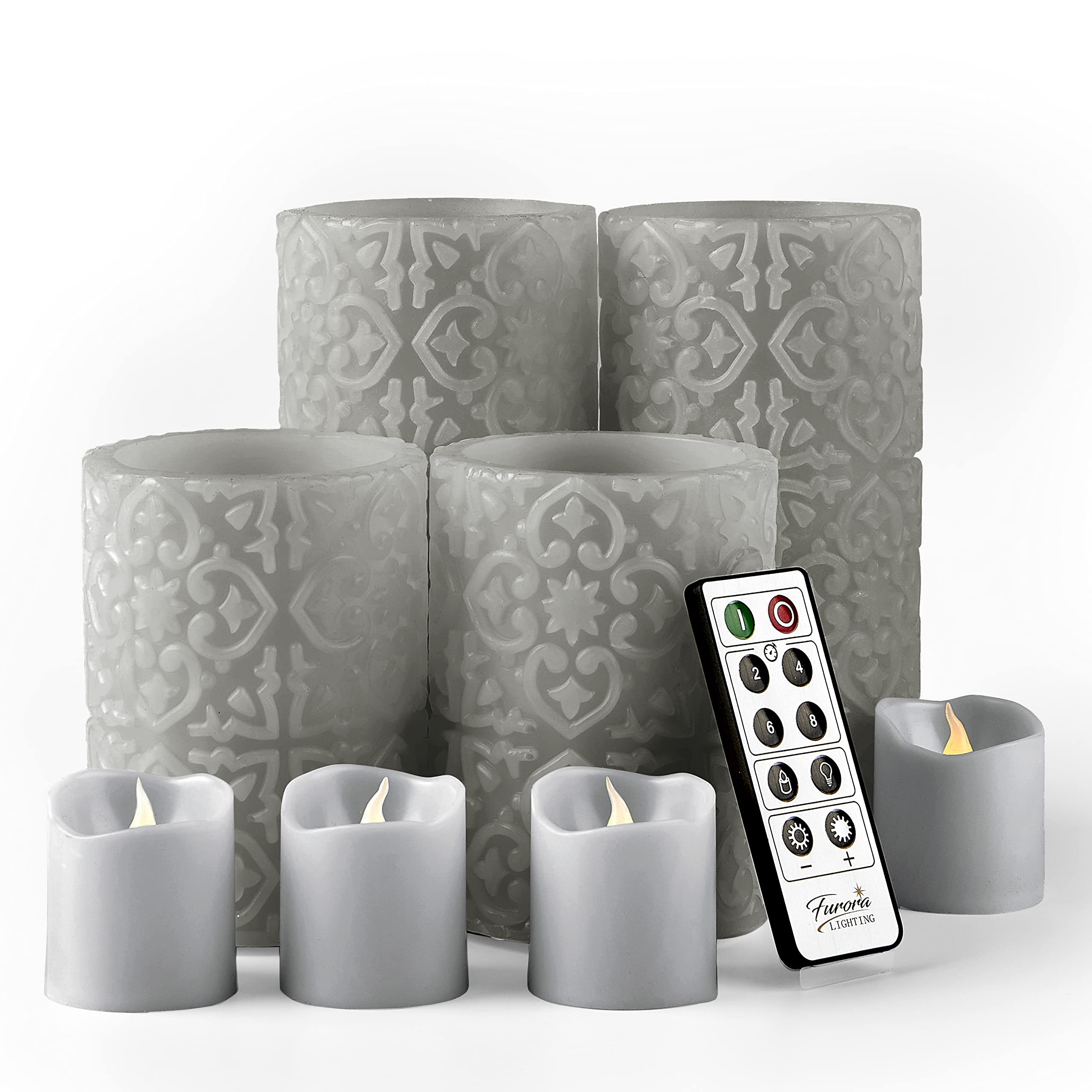 FURORA LIGHTING Grey Rome Real Wax LED Candles Set with Remote & Timer - 4 Pillar & 4 Votives (8-Pack) - Flameless Flickering Battery-Operated Candles for Home Decor, Wedding, Christmas, and Romantic Ambiance