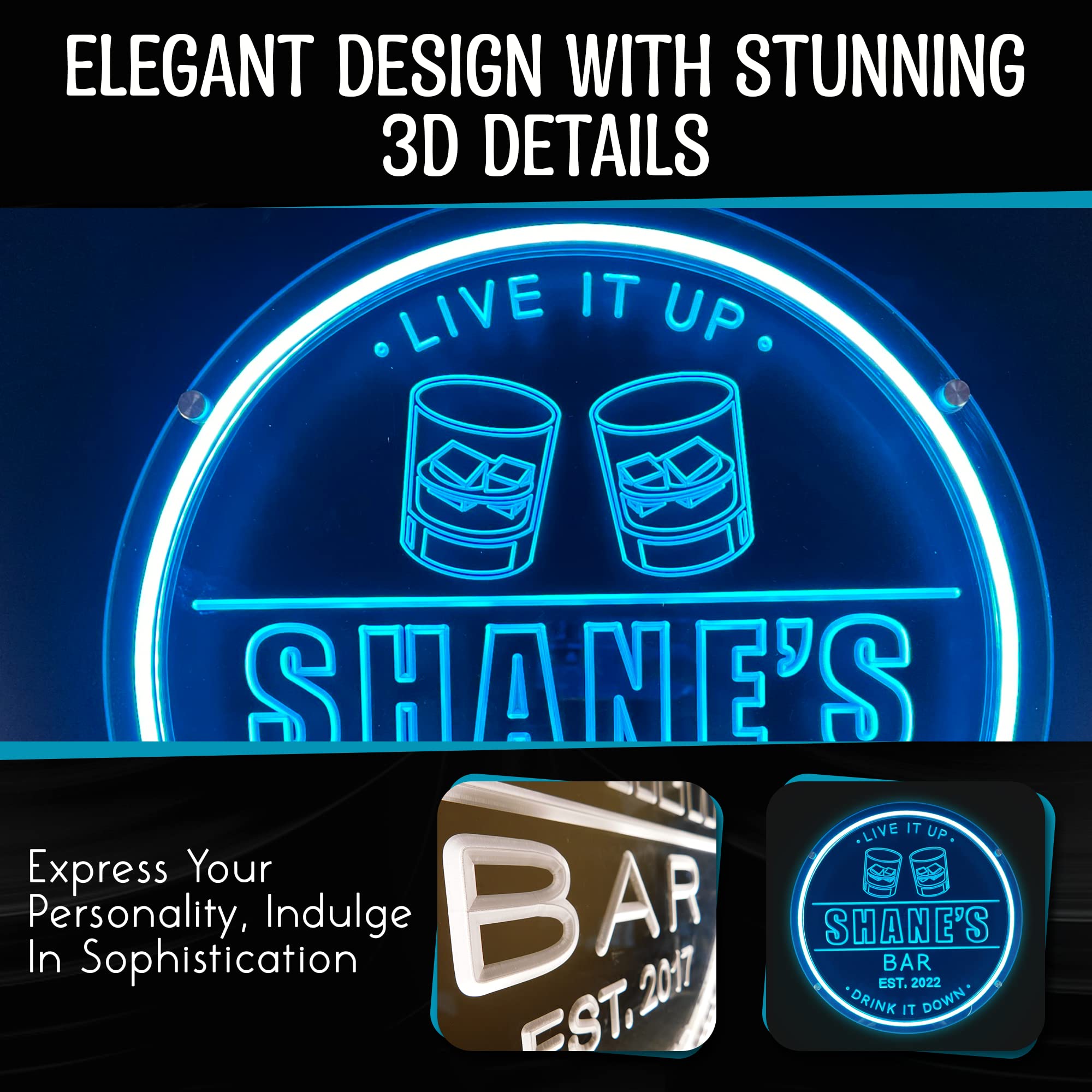 Custom LED Neon Bar Signs - Personalized Home Bar Decor with Whiskey Glasses Gift Set for Men | Bourbon Wall Art & Liquor Shelf Lighting | Perfect for Man Cave, Game Room & Pub Decor