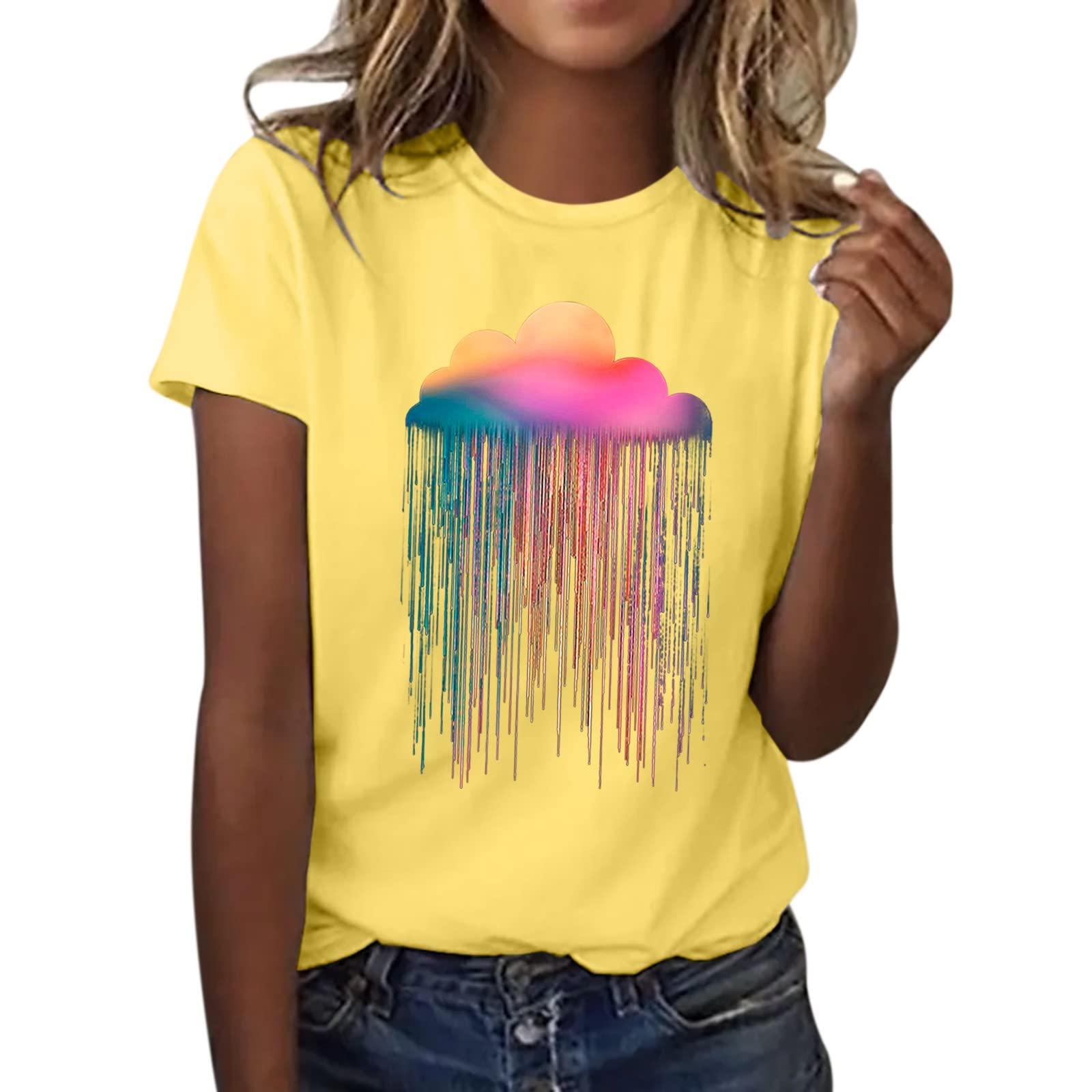 Women's Casual Rainbow Print Short Sleeve Round Neck T-Shirt - Summer Lace Top for Dressy & Everyday Wear - Perfect for Beach Outings, Date Nights and Weekend Brunch