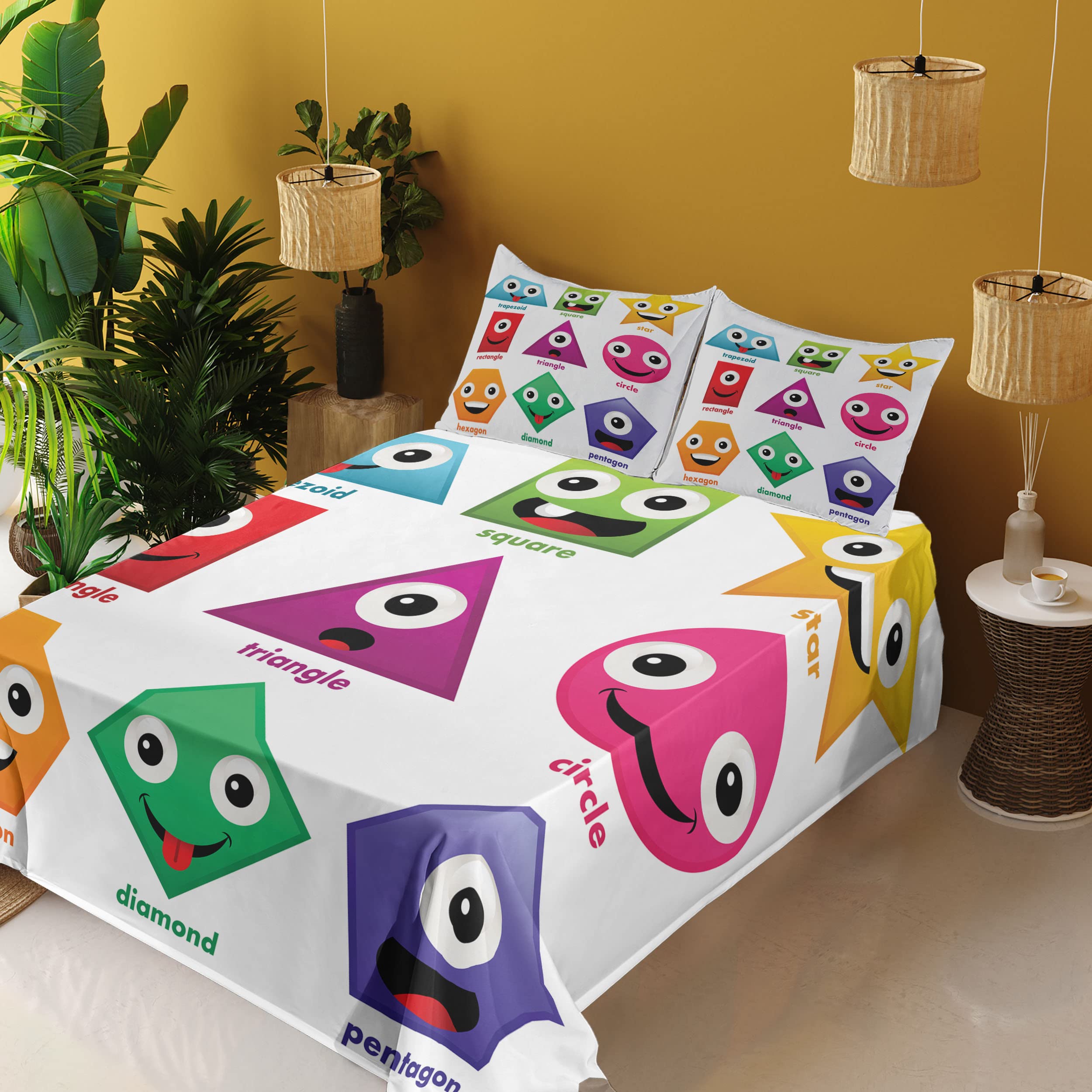 Ambesonne Science-Themed 4-Piece Sheet Set - Geometric Shapes with Funny Faces Cartoon Design, Soft Green & Purple Bedding (King Size) | Perfect for Kids' Rooms, Dorm Decor & Science Enthusiasts