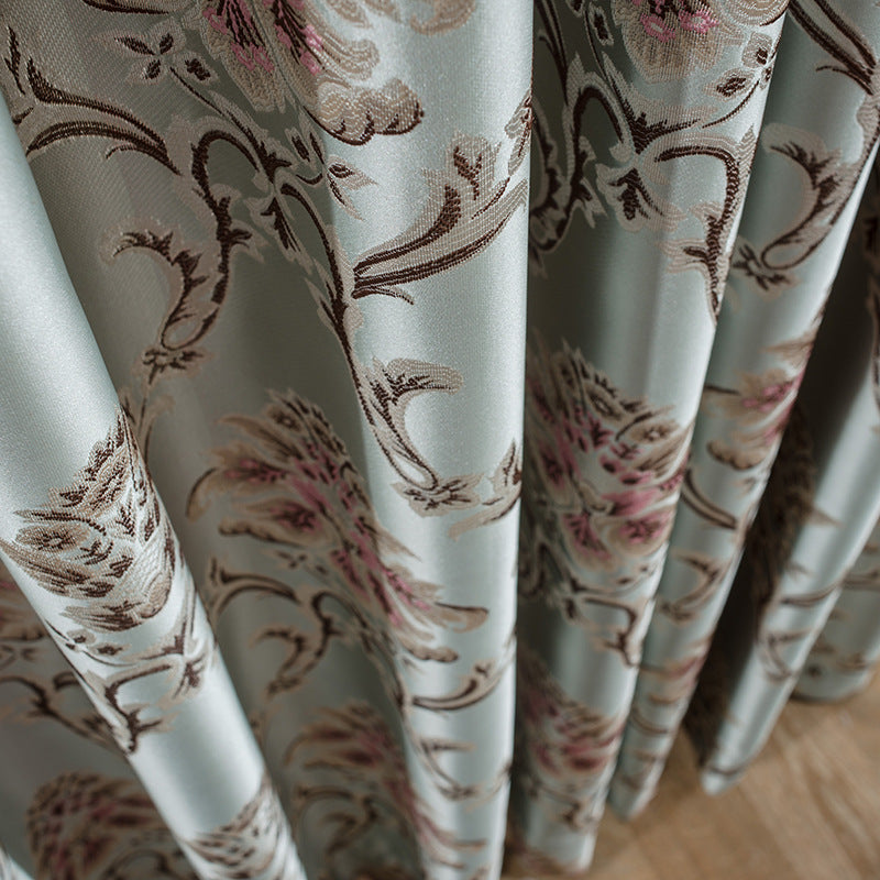 Mila Faux Silk Jacquard Floral Design Curtains - Light Blue Window Drapes for Living Room & Bedroom - Elegant Home Decor for Modern Interior Design