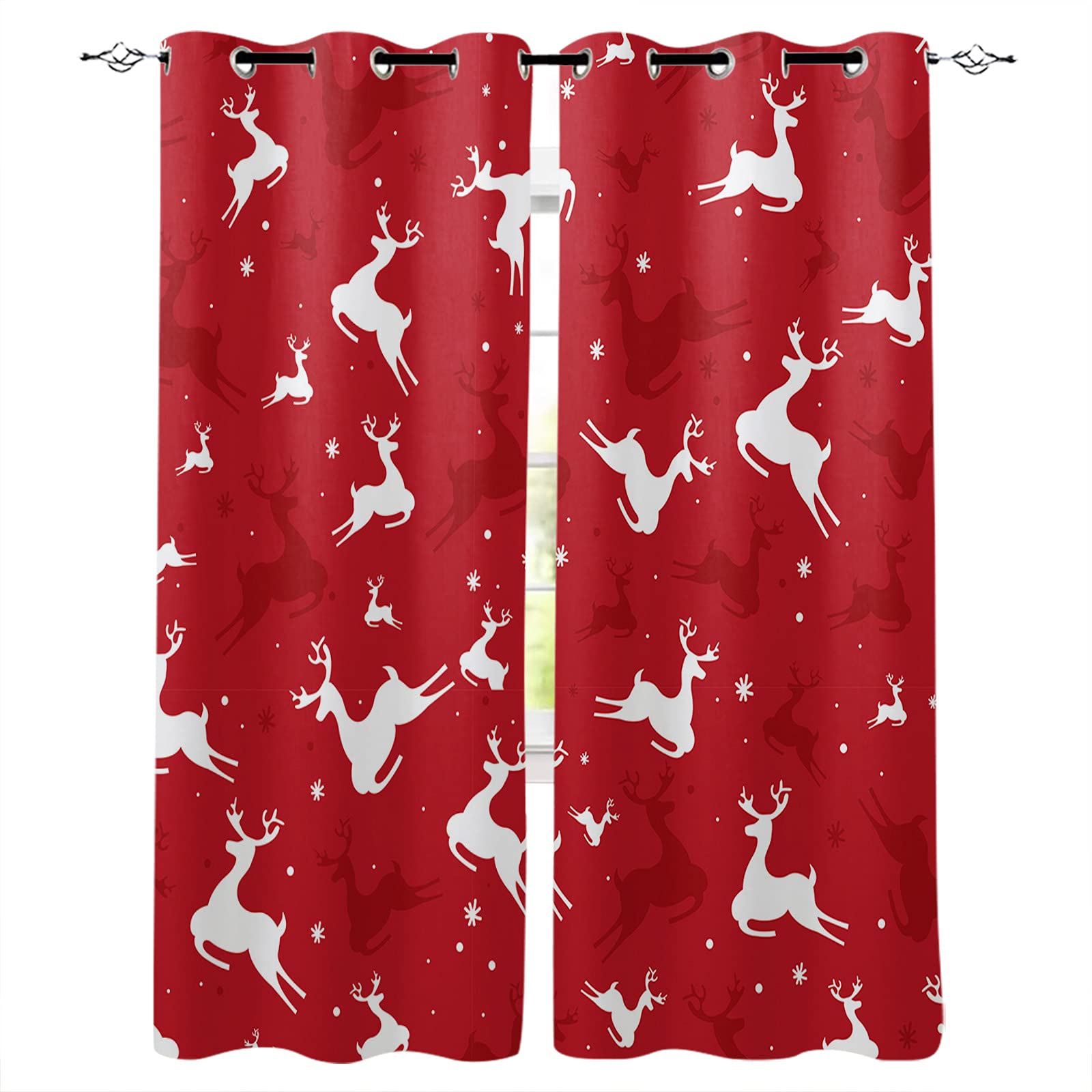 Blackout Grommet Window Curtains 2 Panels 42x84 Inches - Thermal Insulated Polyester Drapes for Light Blocking & Energy Efficiency - Christmas Elk Silhouette Snowflake Design for Bedroom, Living Room & All Season Use