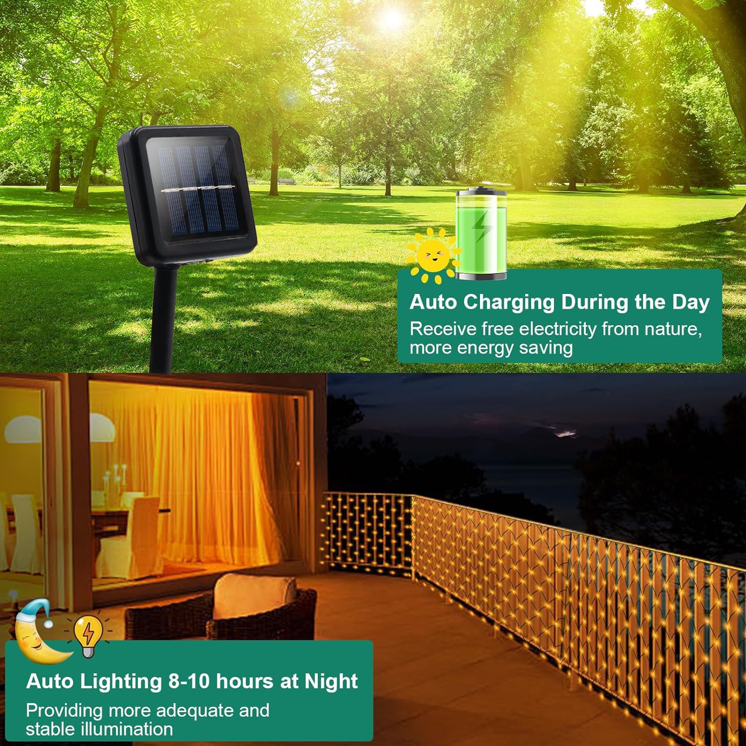 DBFAIRY 100 LED Solar Net Lights Outdoor - 4.9ft x 4.9ft Solar Powered Mesh Lights with Dark Green Cable, Auto On/Off & 8 Lighting Modes - Perfect for Backdrop, Tree Wrapping, Camping Decoration (Warm White)