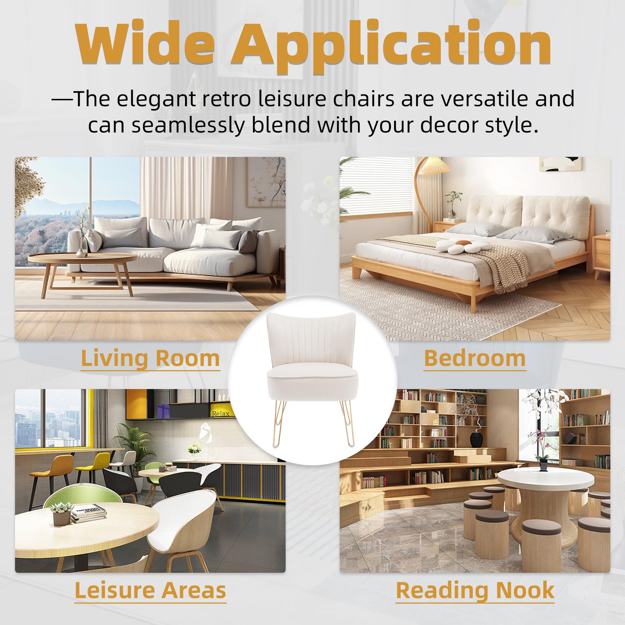 ABET Accent Chairs Set of 2 - Velvet Upholstered Armless Living Room Chairs with Tufted Wingback Design, Thick Cushion & Golden U-Shaped Metal Legs - Modern Comfortable Slipper Chairs for Living Room, Bedroom, or Office - Beige