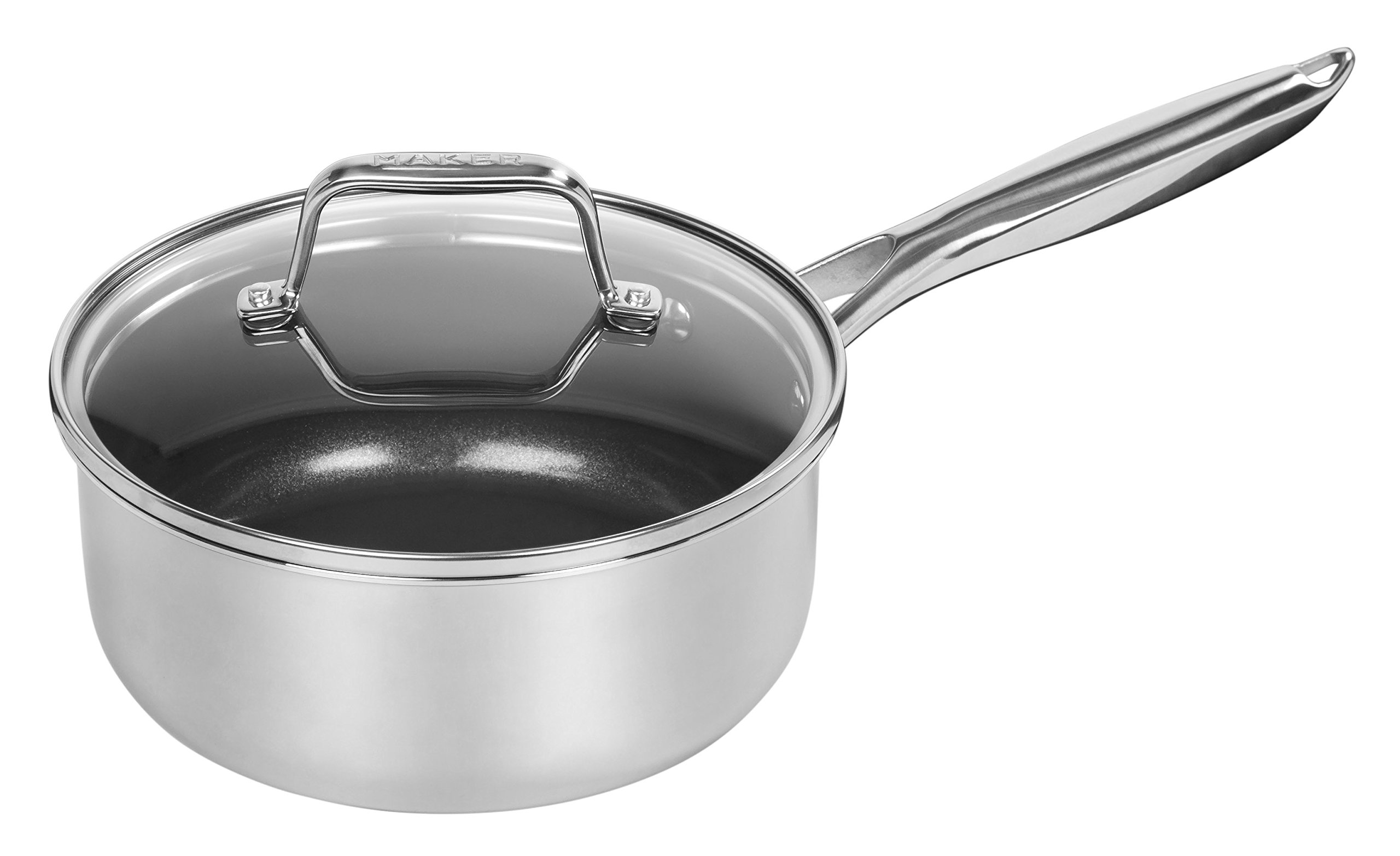 MAKER Homeware 2 Quart Stainless Steel Covered Saucepan with Nonstick Ceramic Coating - Perfect for Cooking, Boiling & Simmering Soups, Sauces and Pasta