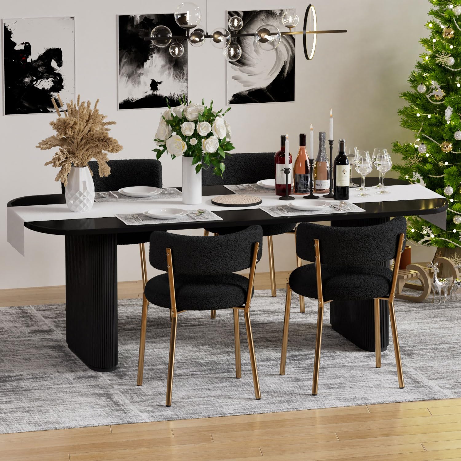 Modern Dining Chairs Set of 4 - Round Upholstered Boucle Sherpa Kitchen Chairs with Curved Backrest & Gold Metal Legs - Mid Century Black Dining Room Chairs for Home, Restaurant, Cafe & Office Use