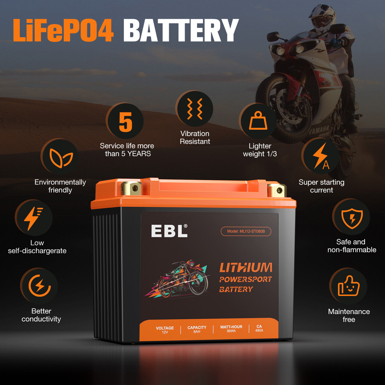 EBL LiFePO4 Lithium Motorcycle Battery 12V 8Ah - YTX14 BS Compatible - Lightweight & Long-Lasting Power for Harley, Honda, Yamaha & More - Perfect for Cruisers, Touring Bikes & Off-Road Adventures