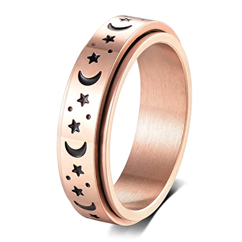 Anxiety Relief Fidget Spinner Rings for Women & Men - 18K Gold Plated 6mm Moon Star Design, Titanium Steel Stress Rings (Size 6-11) - Perfect for ADHD, Anxiety & Office Focus