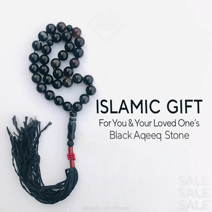 Premium Black Aqeeq Stone Tasbih Prayer Beads - Medium Size Islamic Rosary with 100 Counts | Perfect for Daily Dhikr, Meditation & Spiritual Healing