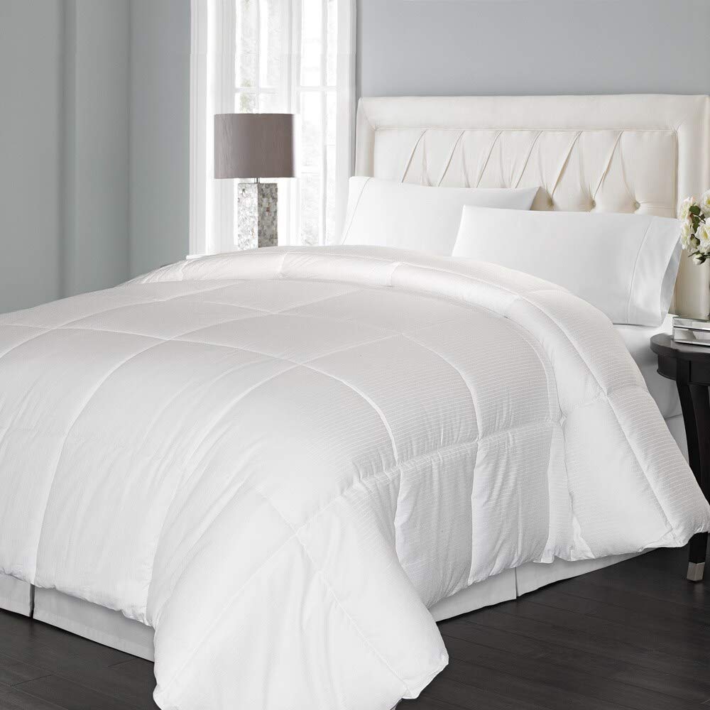 1000 Thread Count Damask Stripe Down Alternative Comforter - Twin Size, White Cotton Microfiber Bedding for All Seasons | Perfect for Guest Rooms, Dorms & Cozy Bedrooms