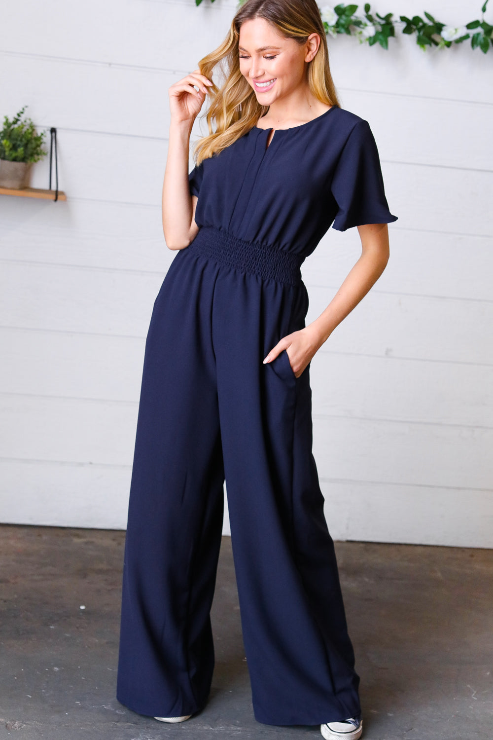 Dark Blue Smocked Waist Notch Neck Crepe Jumpsuit for Women - Elegant Party Outfit & Summer Casual Wear