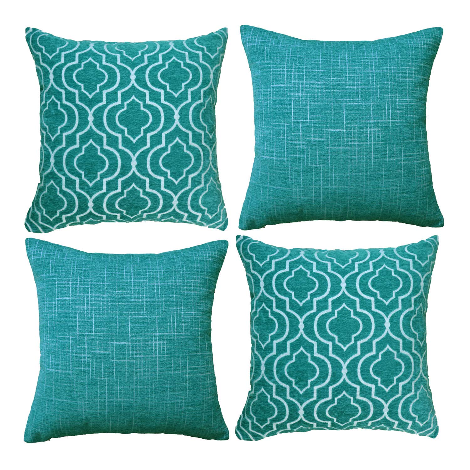 Oirpro Decorative Pillow Covers - Soft Chenille Plush Velvet Cushion Cases with Quatrefoil Geometric Trellis Design (Set of 4, 18x18 Inches, Teal) - Perfect for Sofa, Couch, Bed & Home Decor