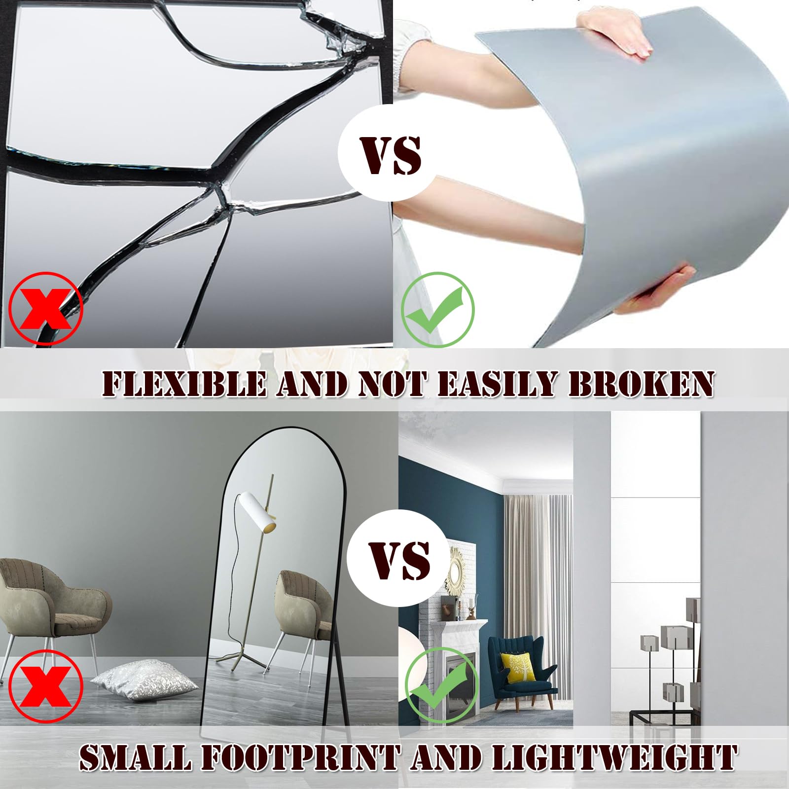 8x6 Inches Self-Adhesive Acrylic Mirror Tiles - Waterproof Flexible Mirror Wall Stickers (4 Pack) for Bathroom, Bedroom, Gym & Home Decor - Perfect for Vanity, Closet Doors, Dance Studios & DIY Projects