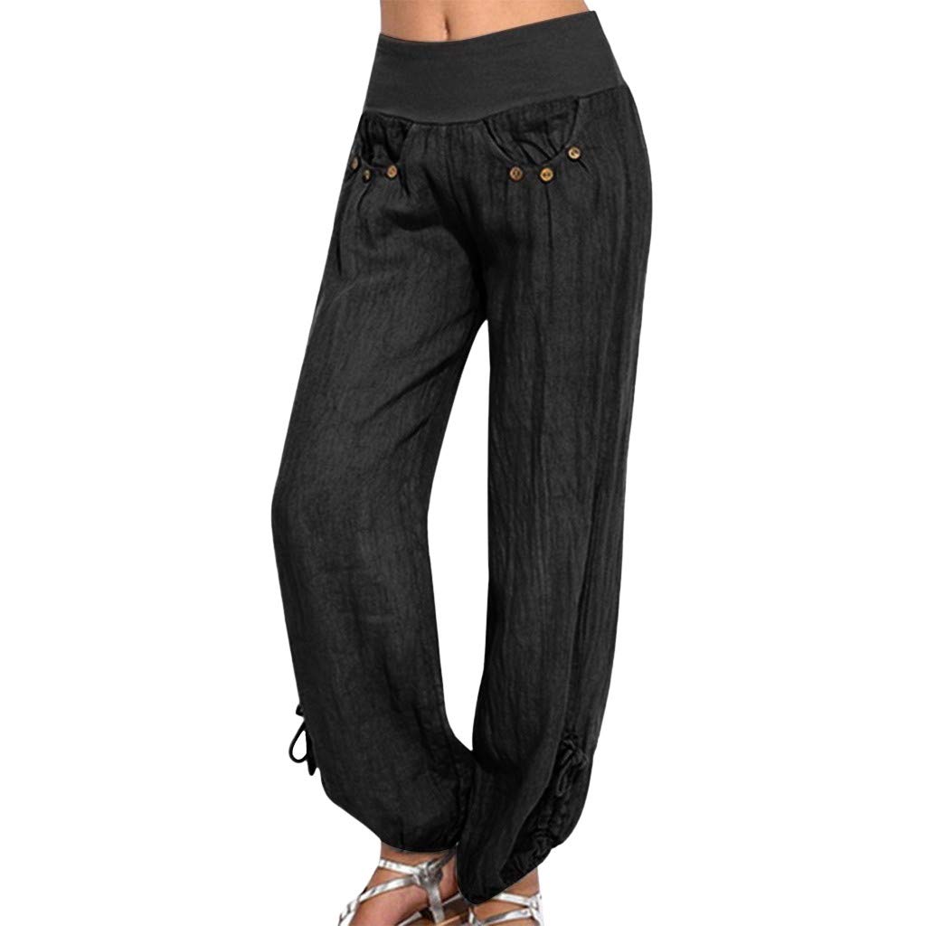 Women's High Waist Work Pants with Printing Pockets - Boho Beach Trousers, Easy Dress Pants for Office, Casual & Vacation Wear (Black)
