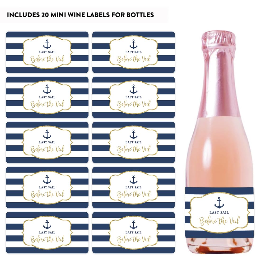 Custom Nautical Navy Blue Stripes & Gold Glitter Bachelorette Wine Labels - 20-Pack Waterproof Mini Champagne Bottle Stickers for Wedding, Bridal Shower & Party Decor | Last Sail Before The Veil Theme